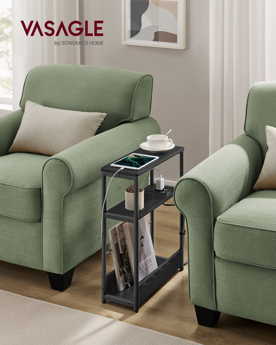 Seitentisch - mit 3 Regalen - schmal - Ebony Black & Tinte -Black