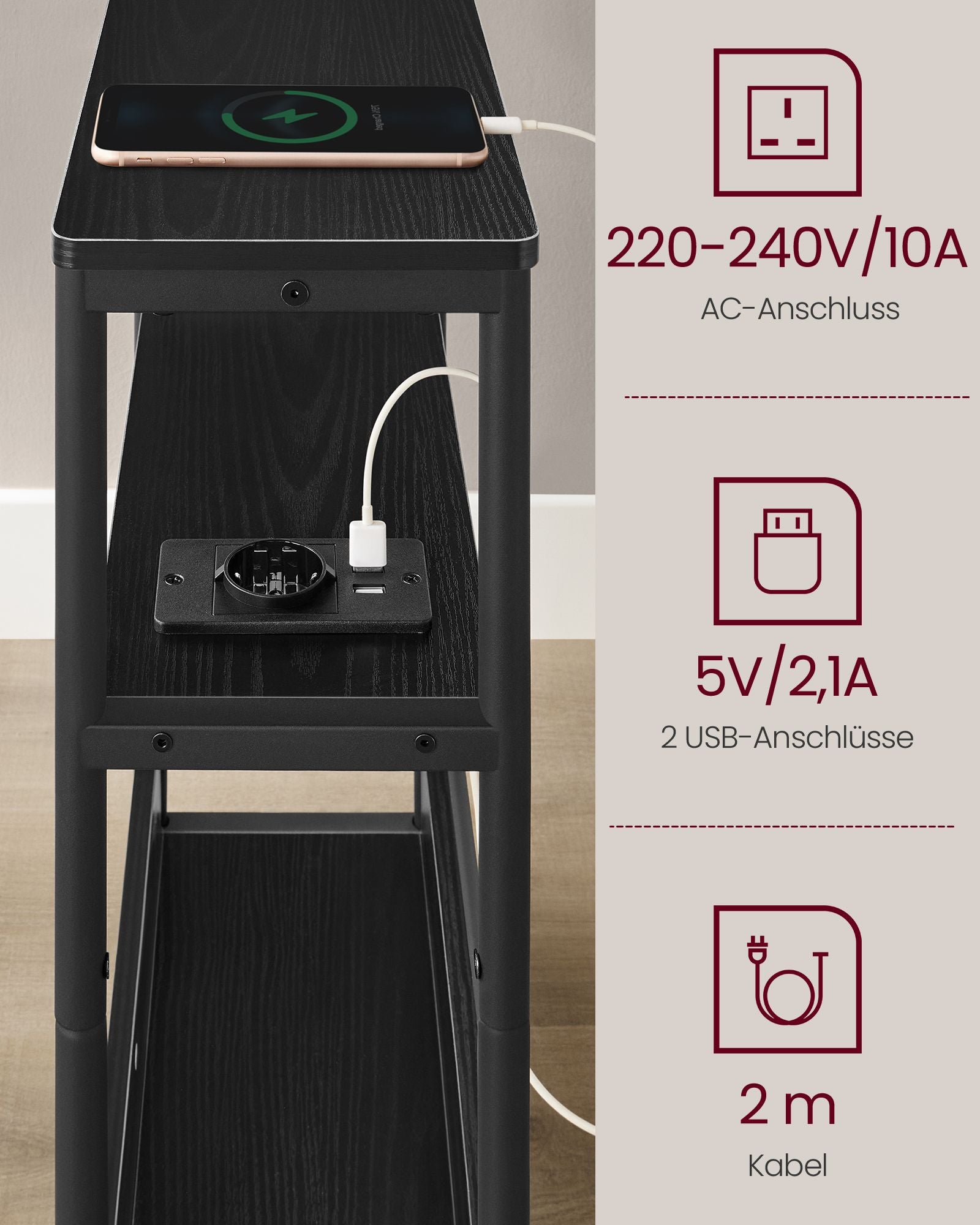 Seitentisch - mit 3 Regalen - schmal - Ebony Black & Tinte -Black