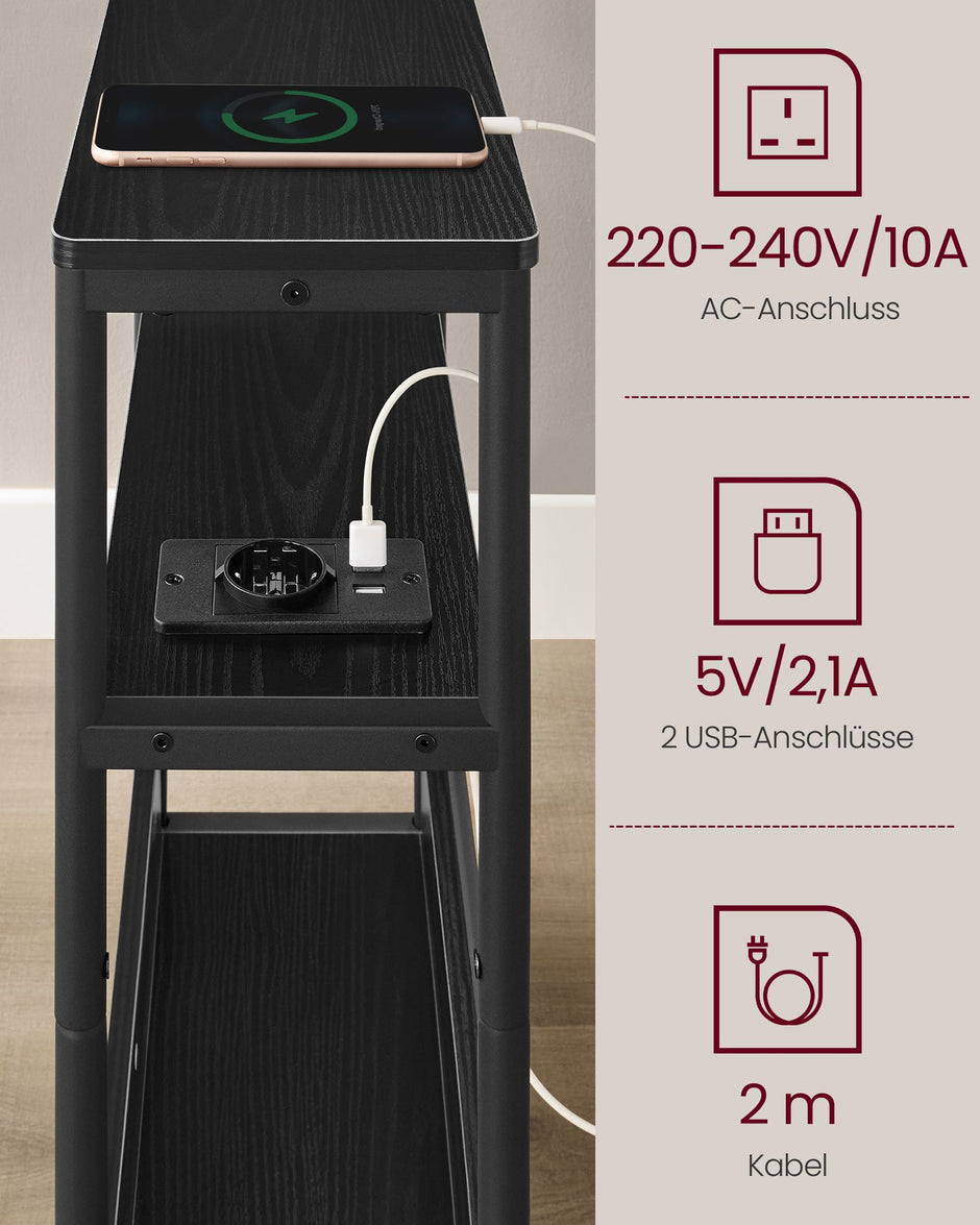 Seitentisch - mit 3 Regalen - schmal - Ebony Black & Tinte -Black