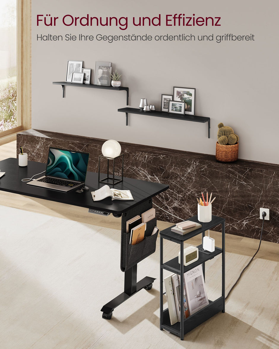 Seitentisch - mit 3 Regalen - schmal - Ebony Black & Tinte -Black