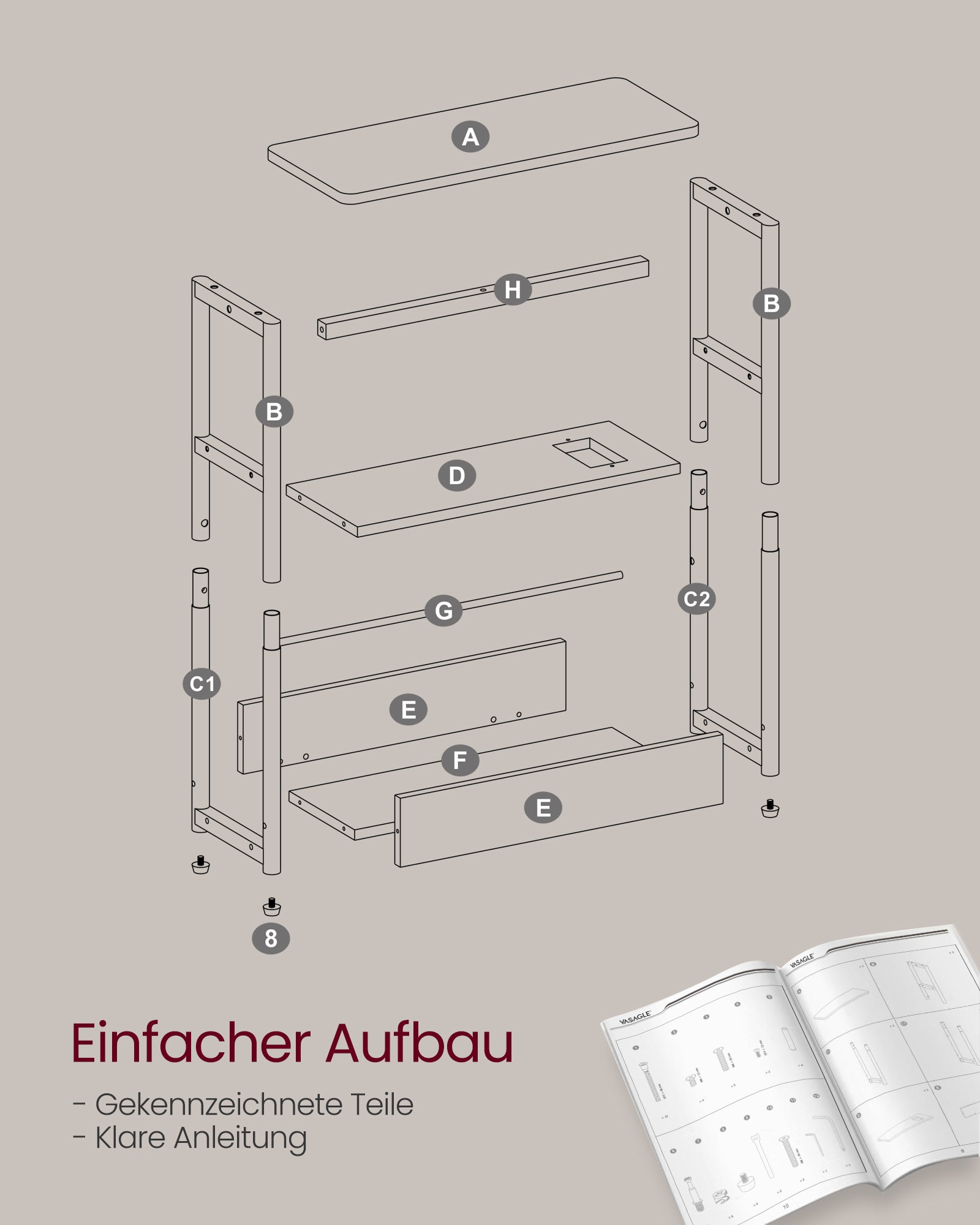 Seitentisch - mit 3 Regalen - schmal - Ebony Black & Tinte -Black