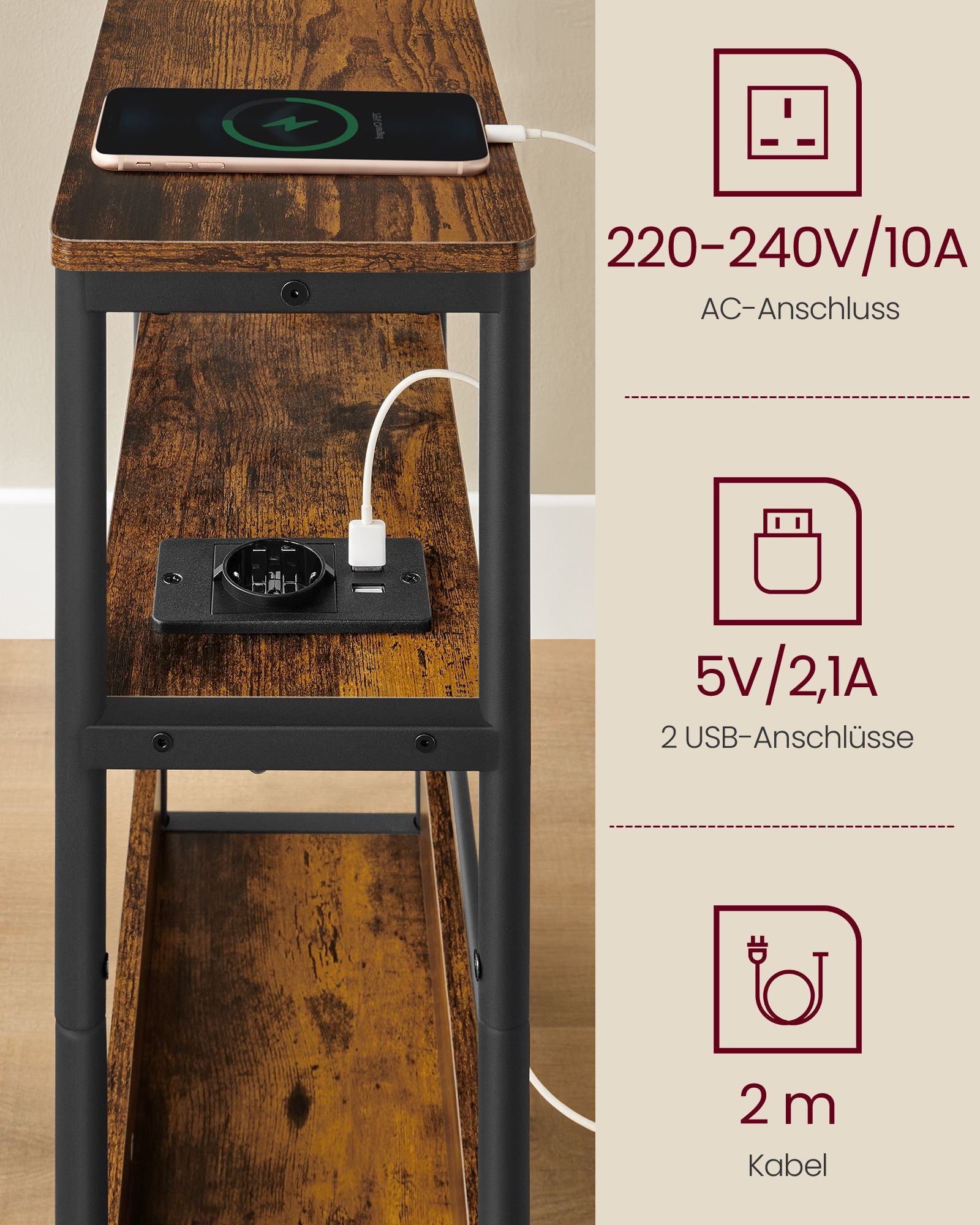 Seitentisch-3 Regale-Narrow-Vintage-Brown-Ink-Schwarz