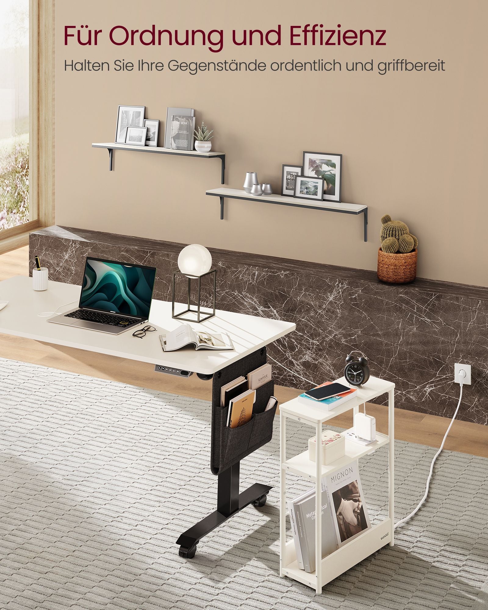 Seitentisch - mit 3 Regalen - schmal - Creme weiß