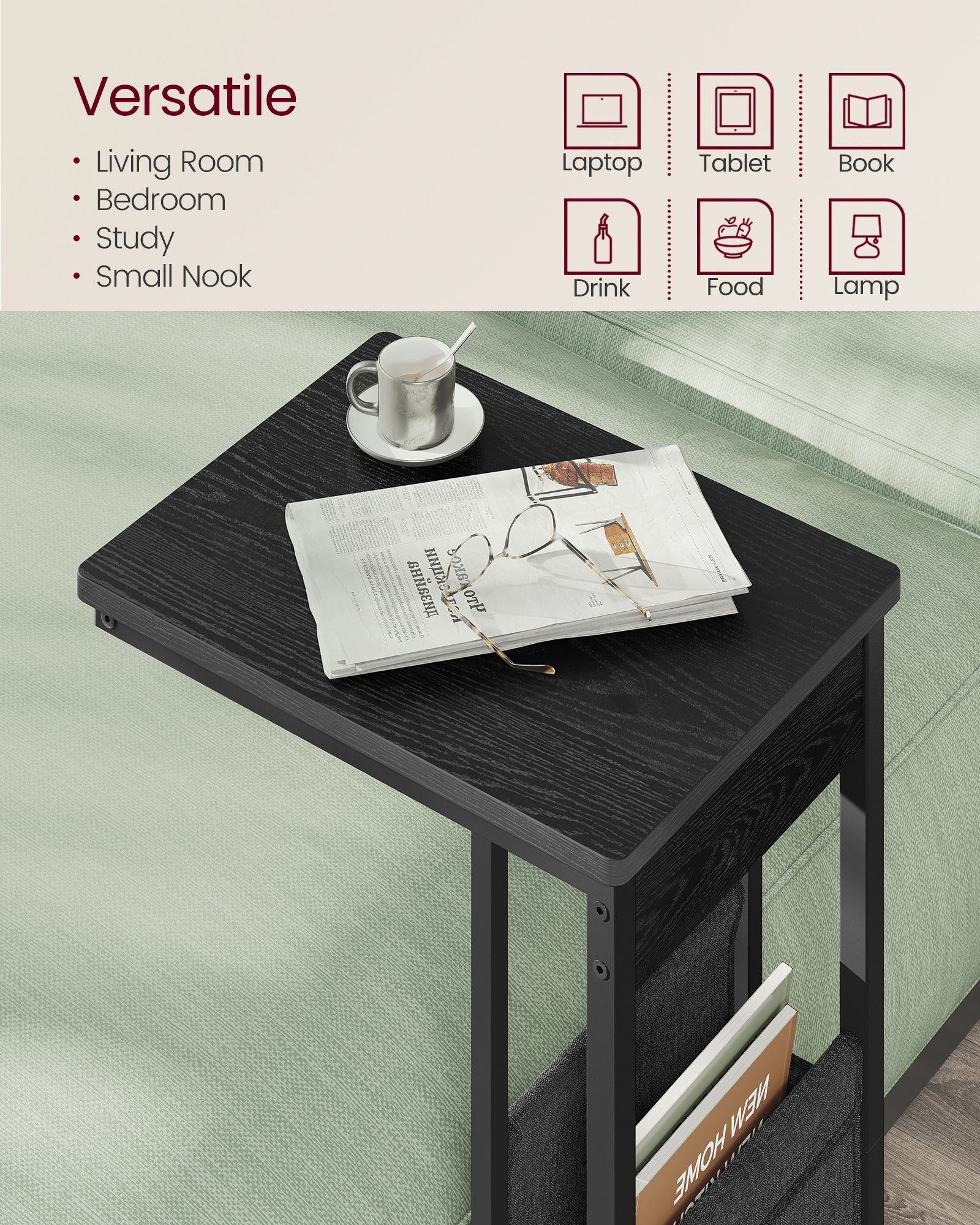 C-förmiger Beistelltisch-Storage Bag-Ebony Schwarz