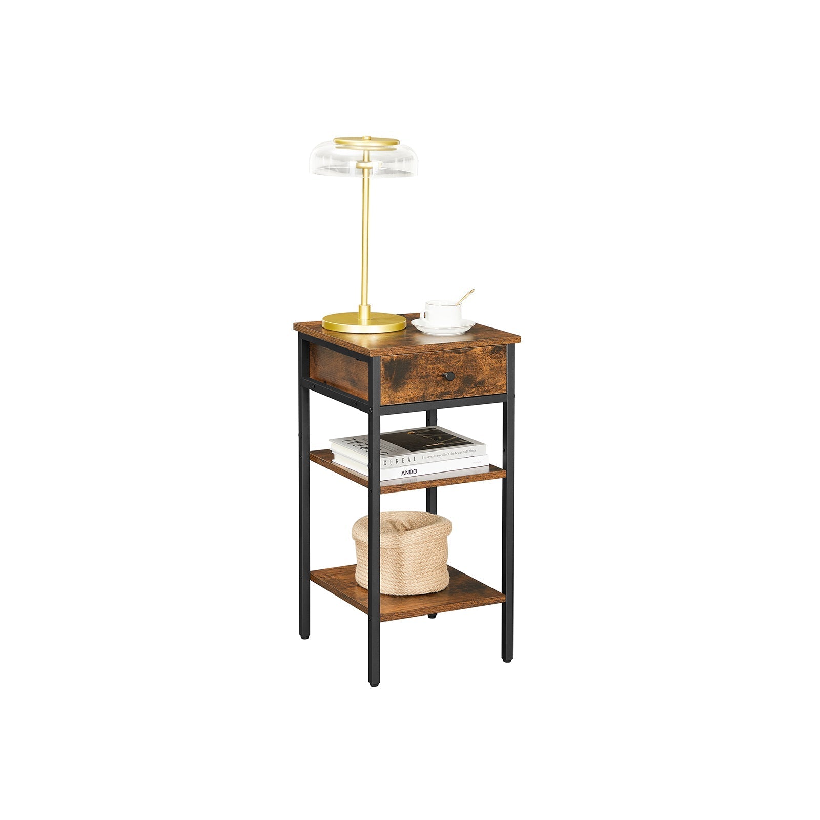 Nachttisch - Beistelltisch - mit Schubladen und 2 Regalen - 35 x 35 x 70 cm - Vintage Braun/Schwarz