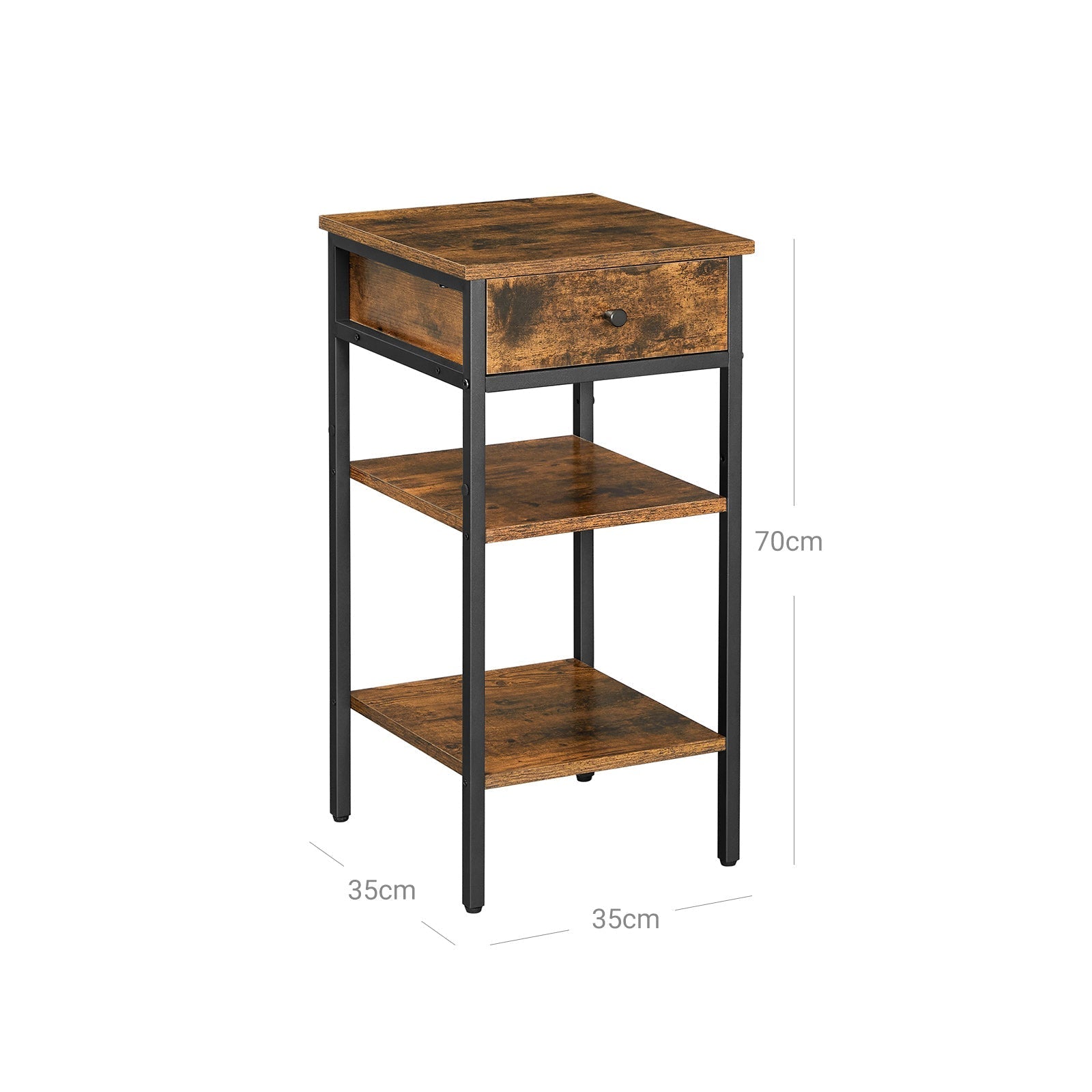 Nachttisch - Beistelltisch - mit Schubladen und 2 Regalen - 35 x 35 x 70 cm - Vintage Braun/Schwarz