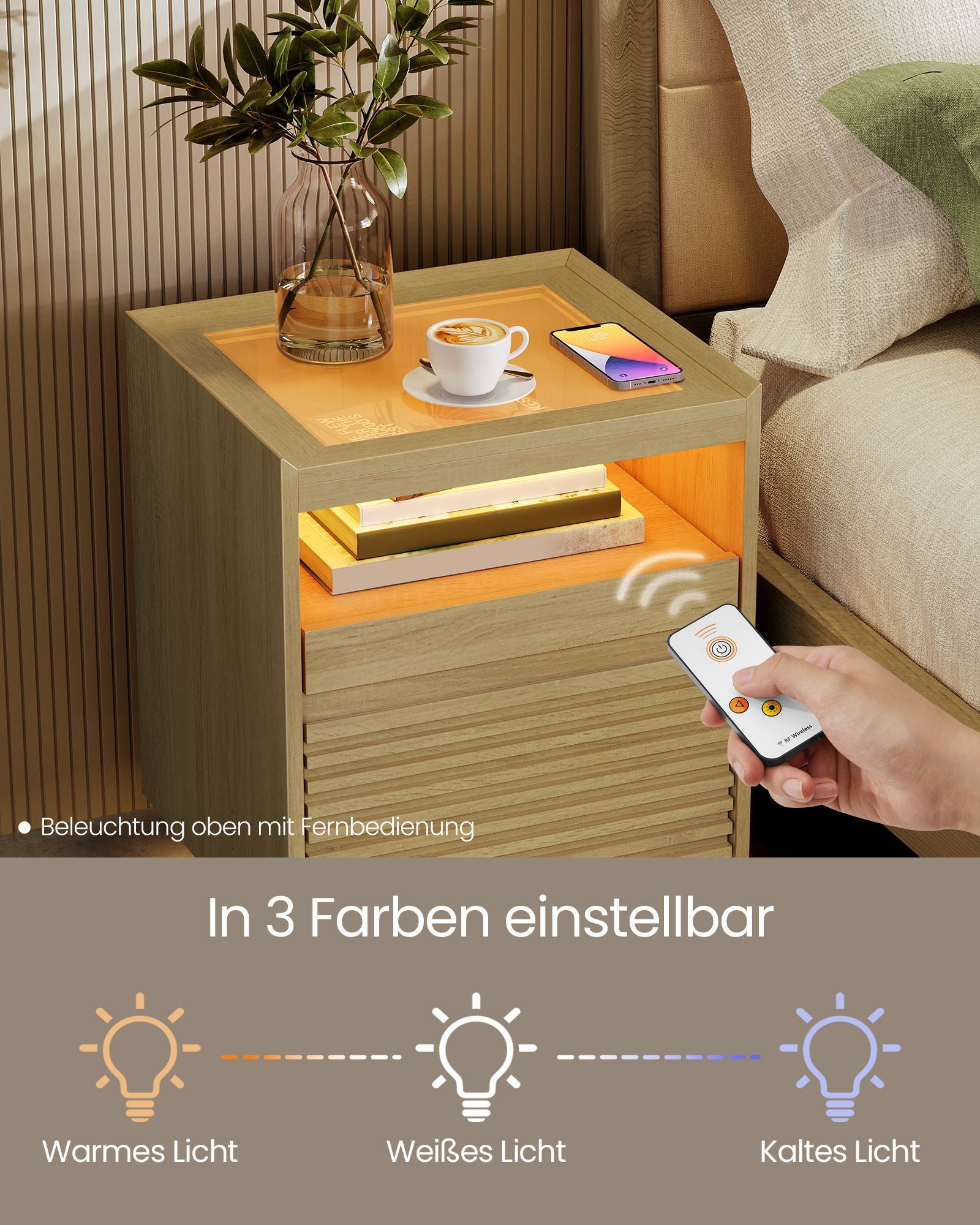 Nachttisch mit LED-Beleuchtung und ausziehbarer Tafel