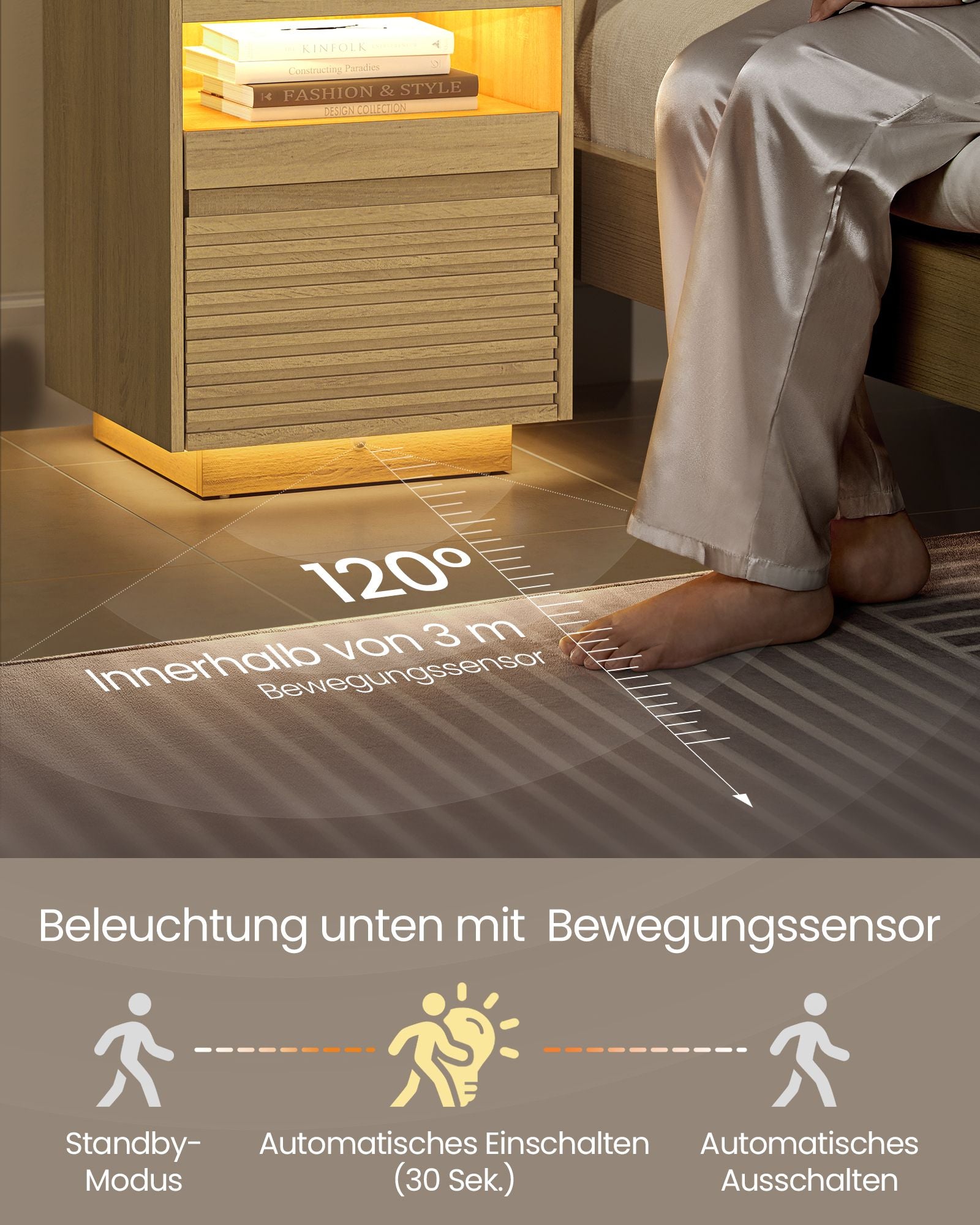 Nachttisch mit LED-Beleuchtung und ausziehbarer Tafel