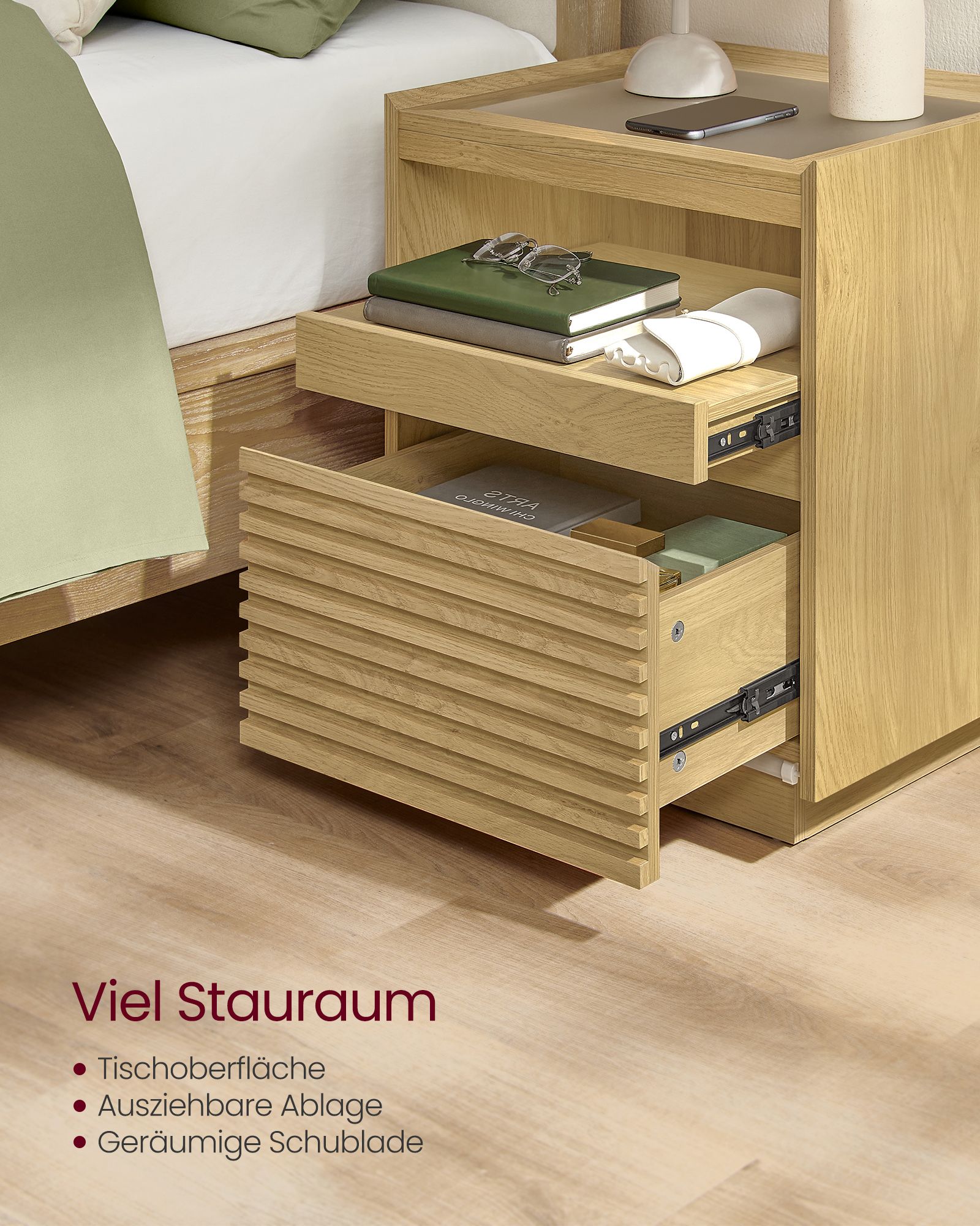 Nachttisch mit LED-Beleuchtung und ausziehbarer Tafel