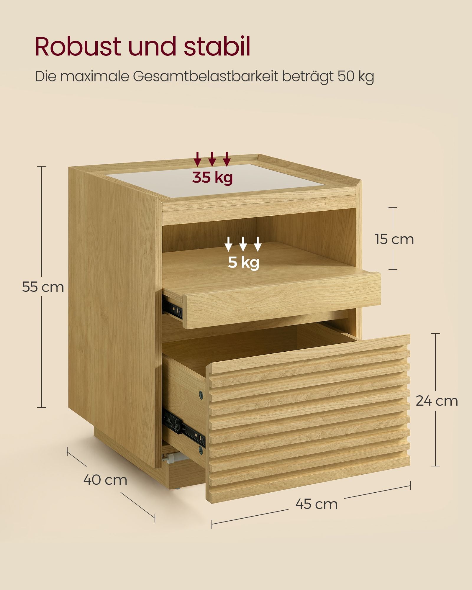 Nachttisch mit LED-Beleuchtung und ausziehbarer Tafel