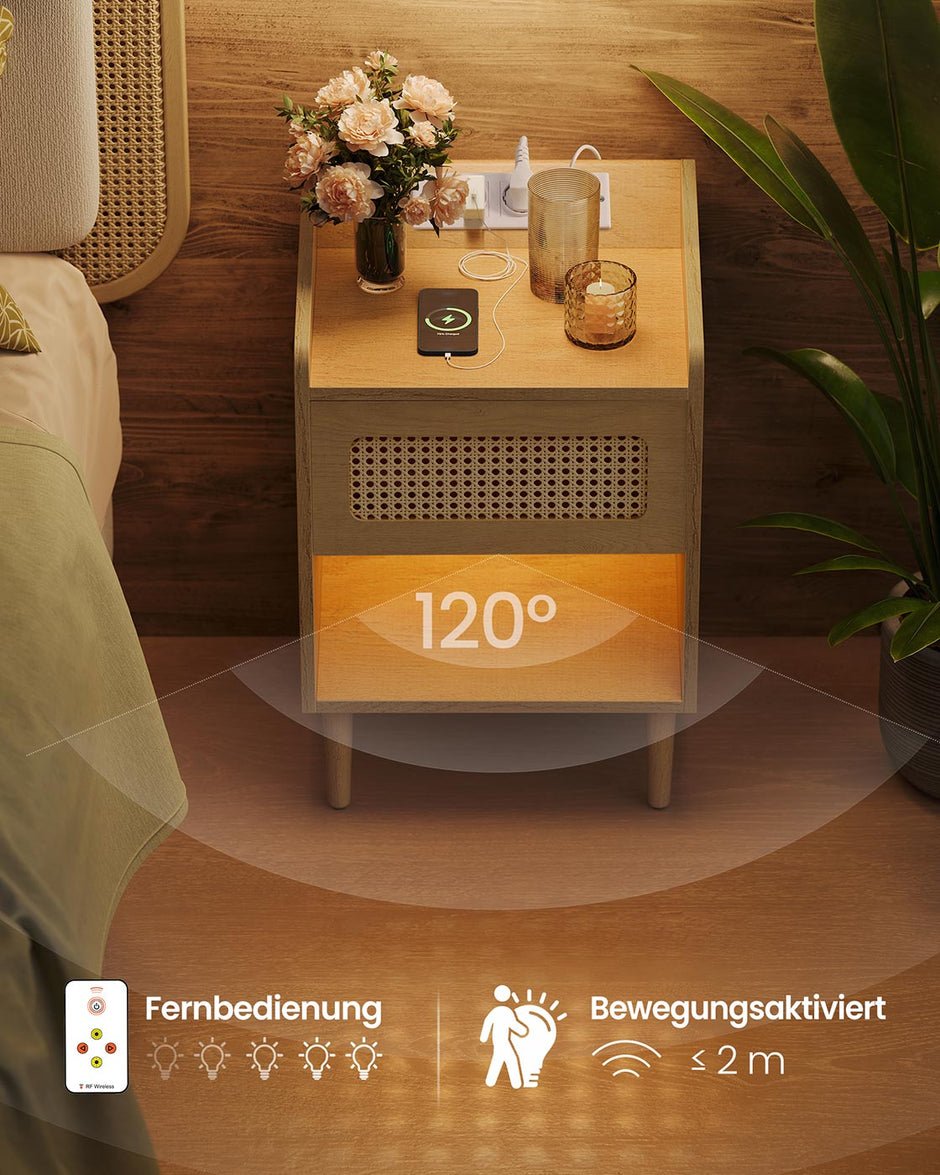 Bohoven -Kollektion - Nachttisch mit Ladestation und Bewegungsdetektor, Oak Beige