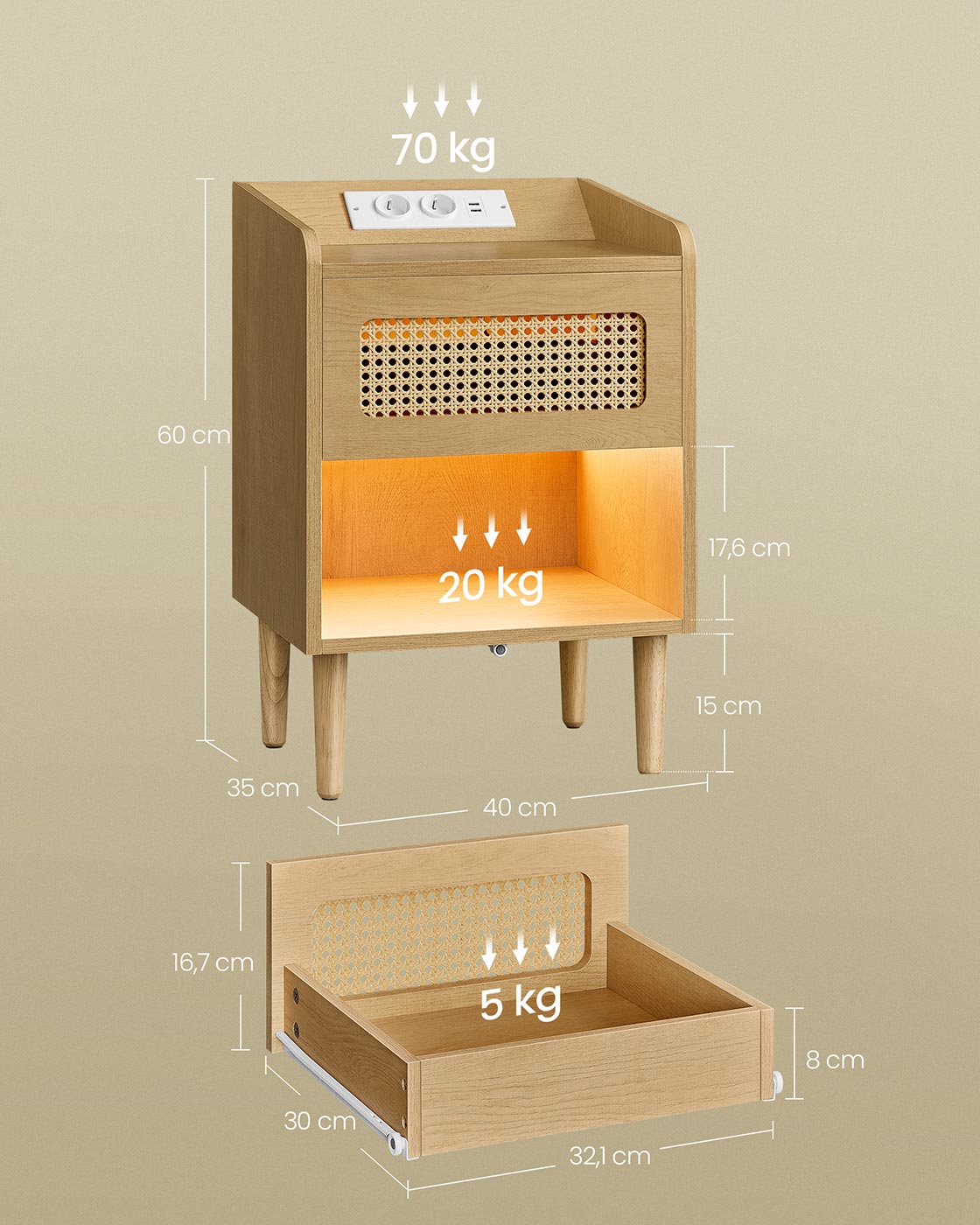 Bohoven -Kollektion - Nachttisch mit Ladestation und Bewegungsdetektor, Oak Beige