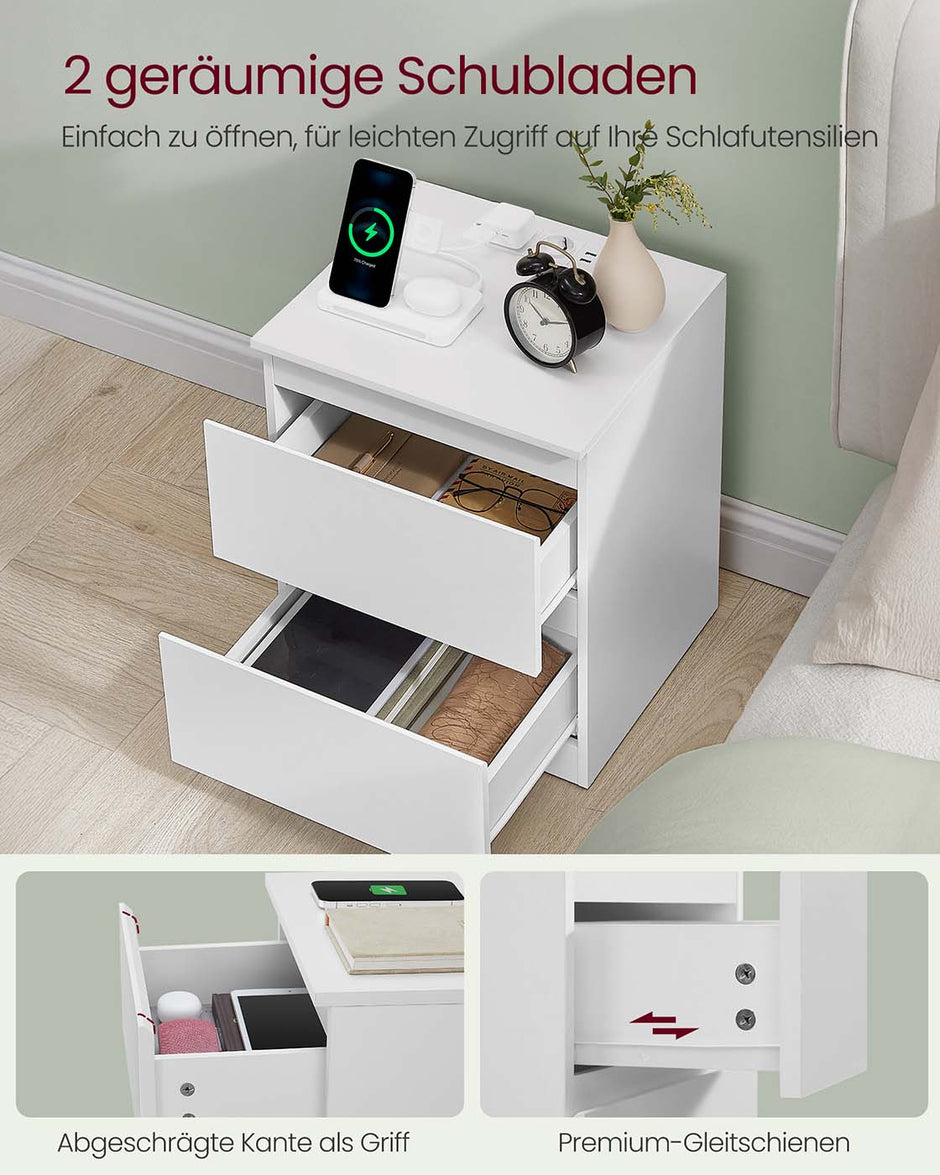 Nachttisch mit Steckdosen und Schubladen für die Schlafzimmerwolke weiß