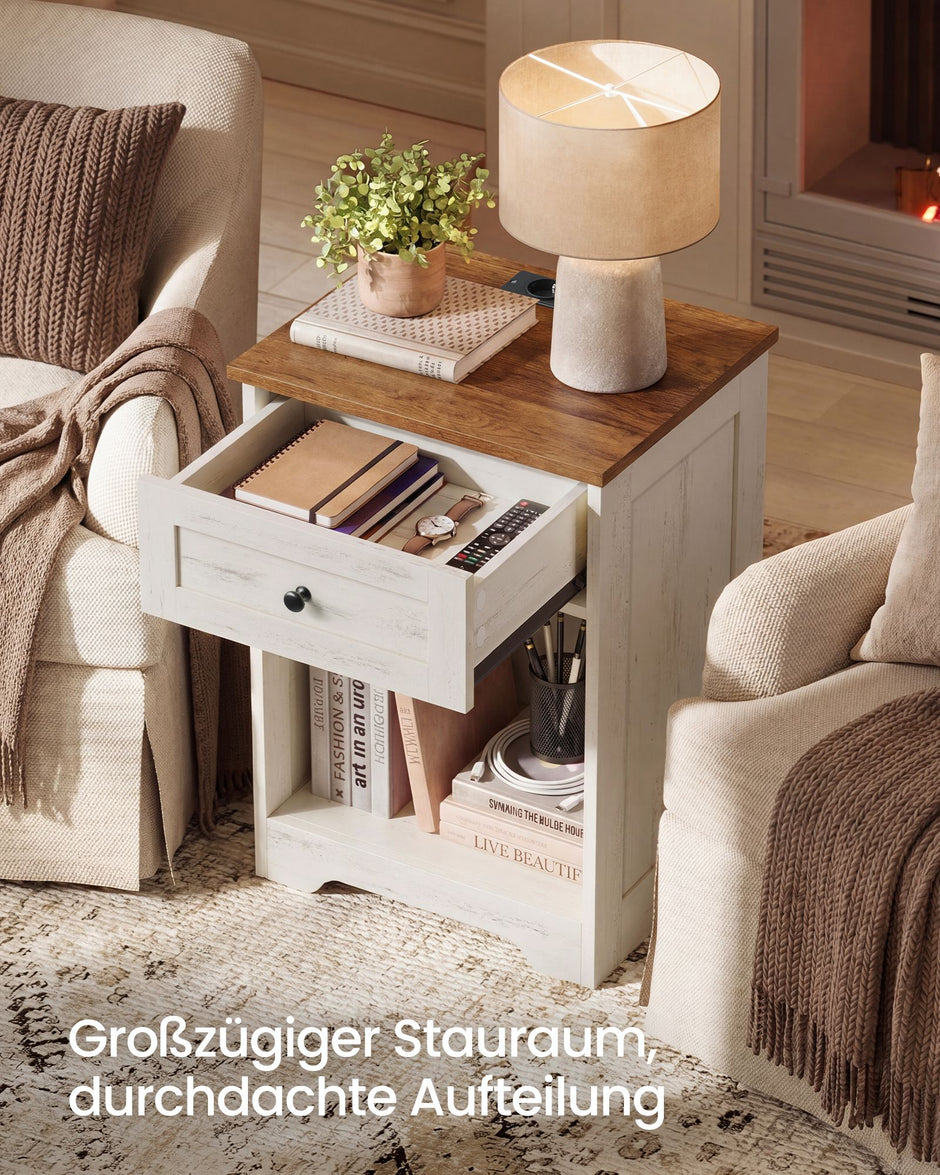 Nachtkastje - Met Stopcontact en USB - 2 Schuifladen - Wit en bruin - 40 x 30 x 59 cm