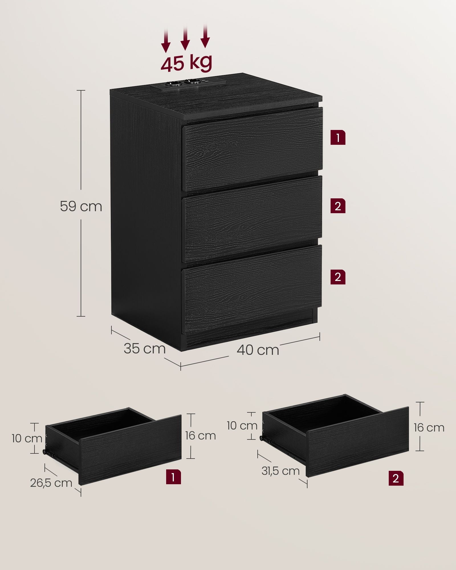 Seitentisch - mit 3 Schubladen - modern - Ebenholz schwarz