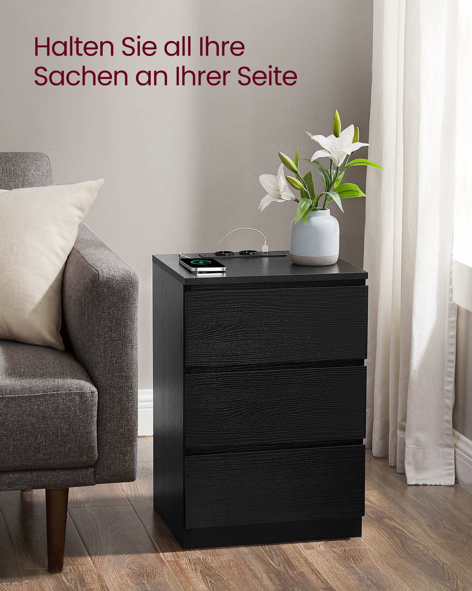 Seitentisch - mit 3 Schubladen - modern - Ebenholz schwarz