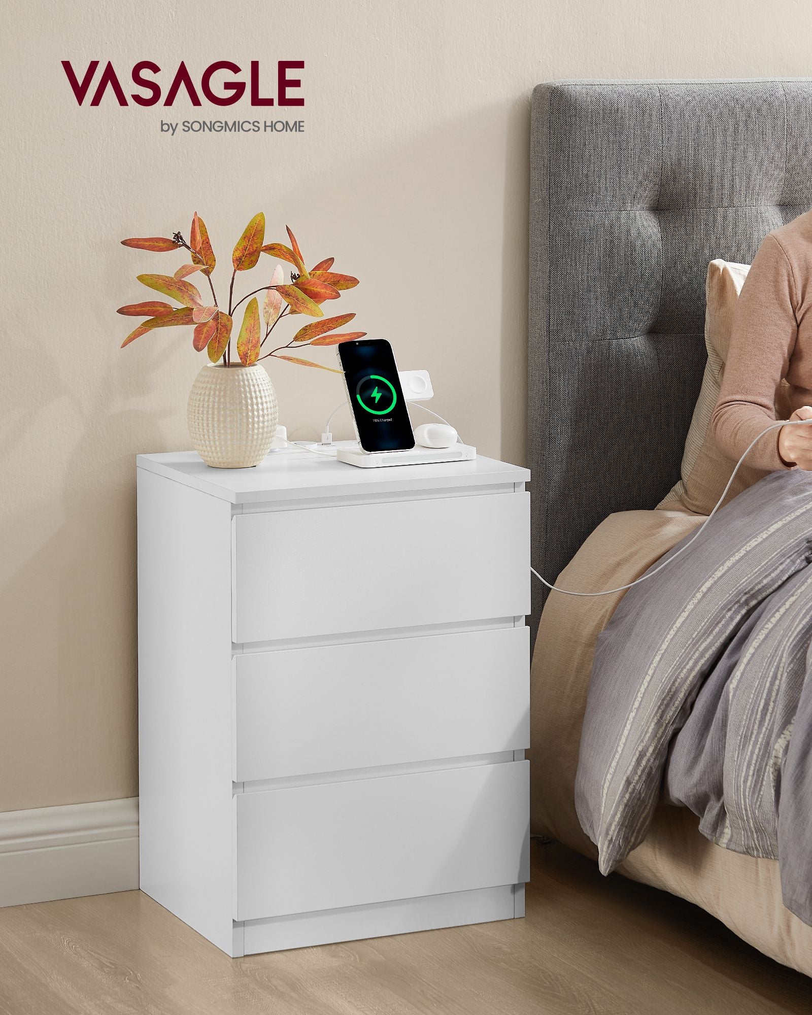 Seitentisch - mit 2 Sockets - Schlafzimmer - Wolkwit