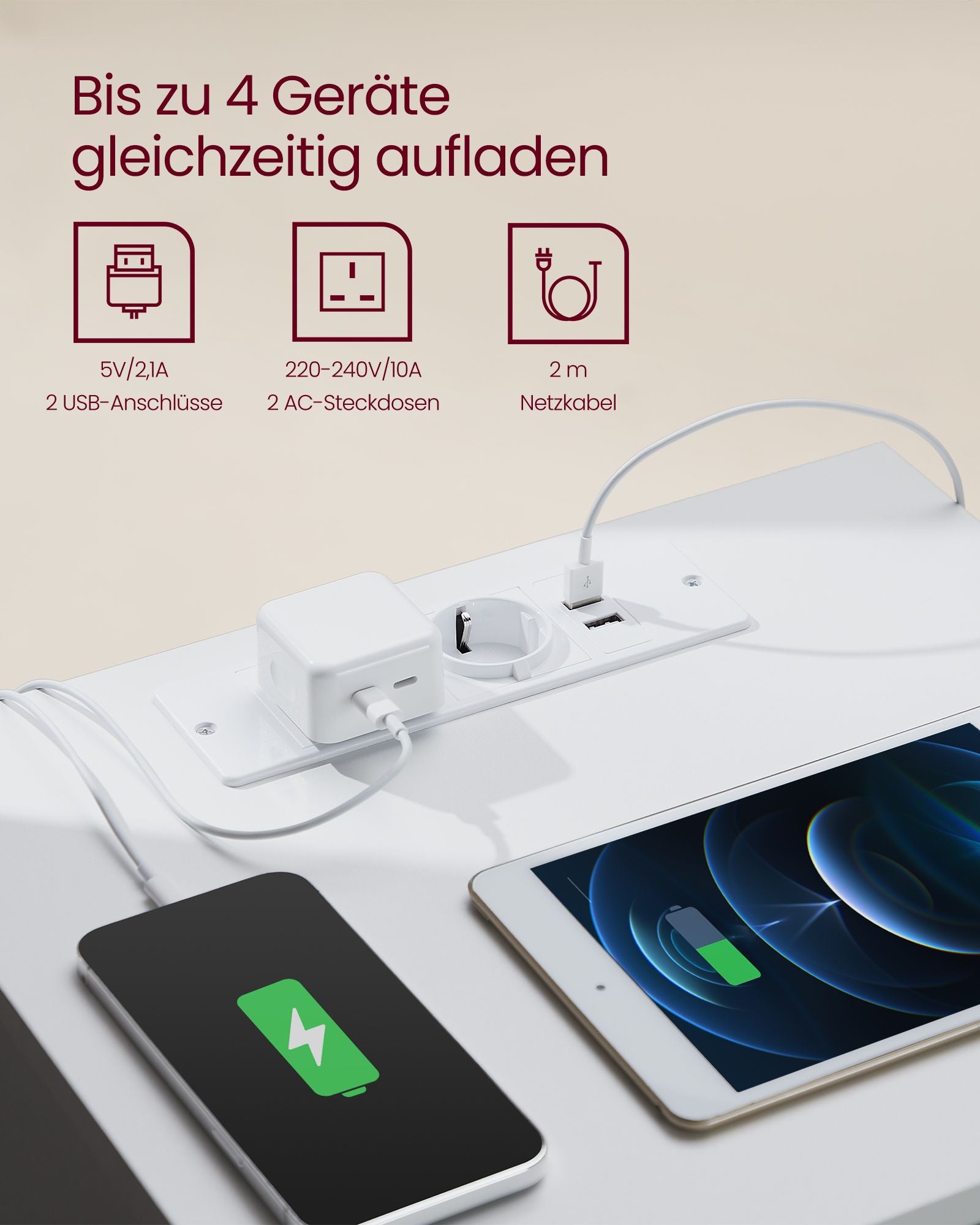 Seitentisch - mit 2 Sockets - Schlafzimmer - Wolkwit