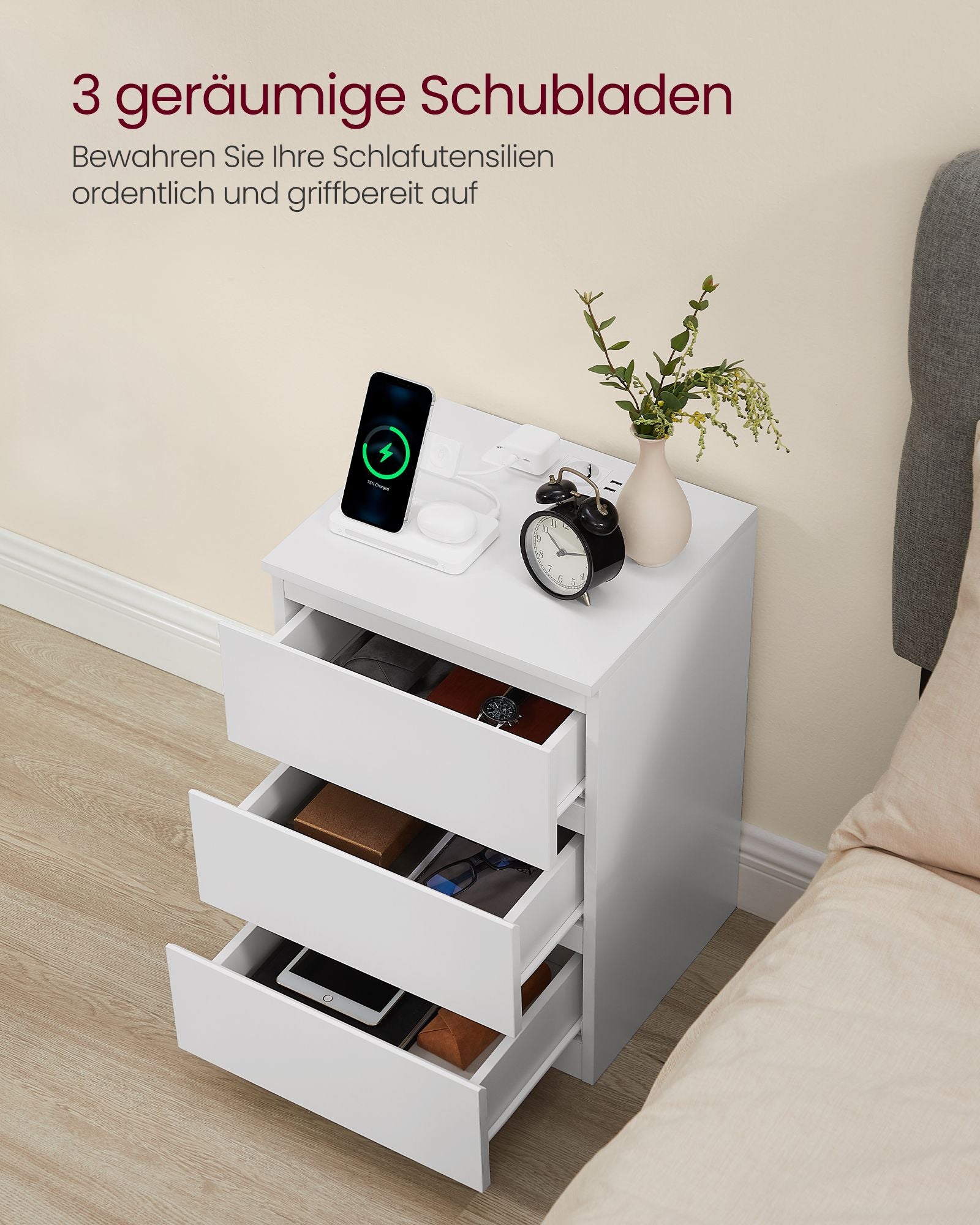 Seitentisch - mit 2 Sockets - Schlafzimmer - Wolkwit
