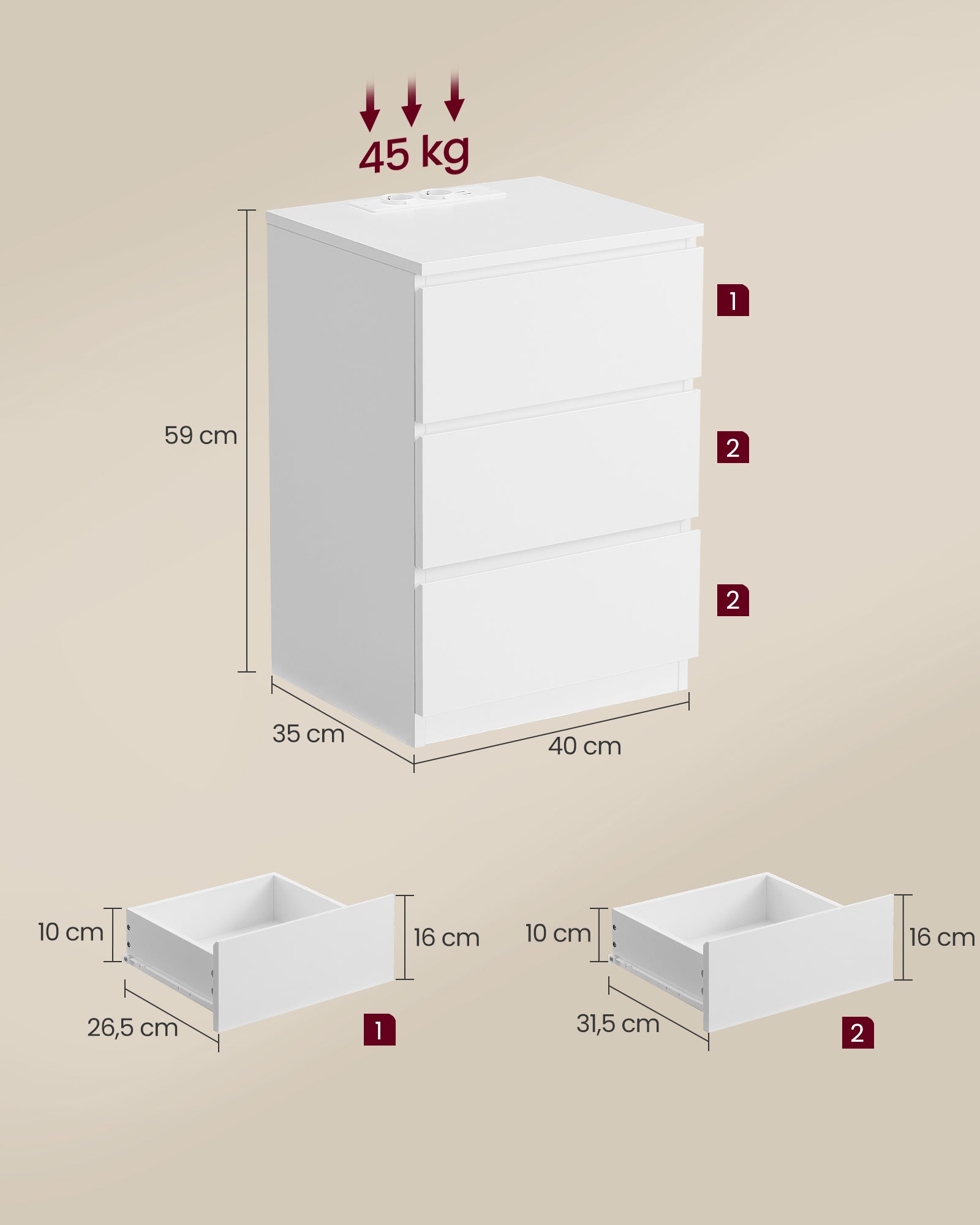 Seitentisch - mit 2 Sockets - Schlafzimmer - Wolkwit