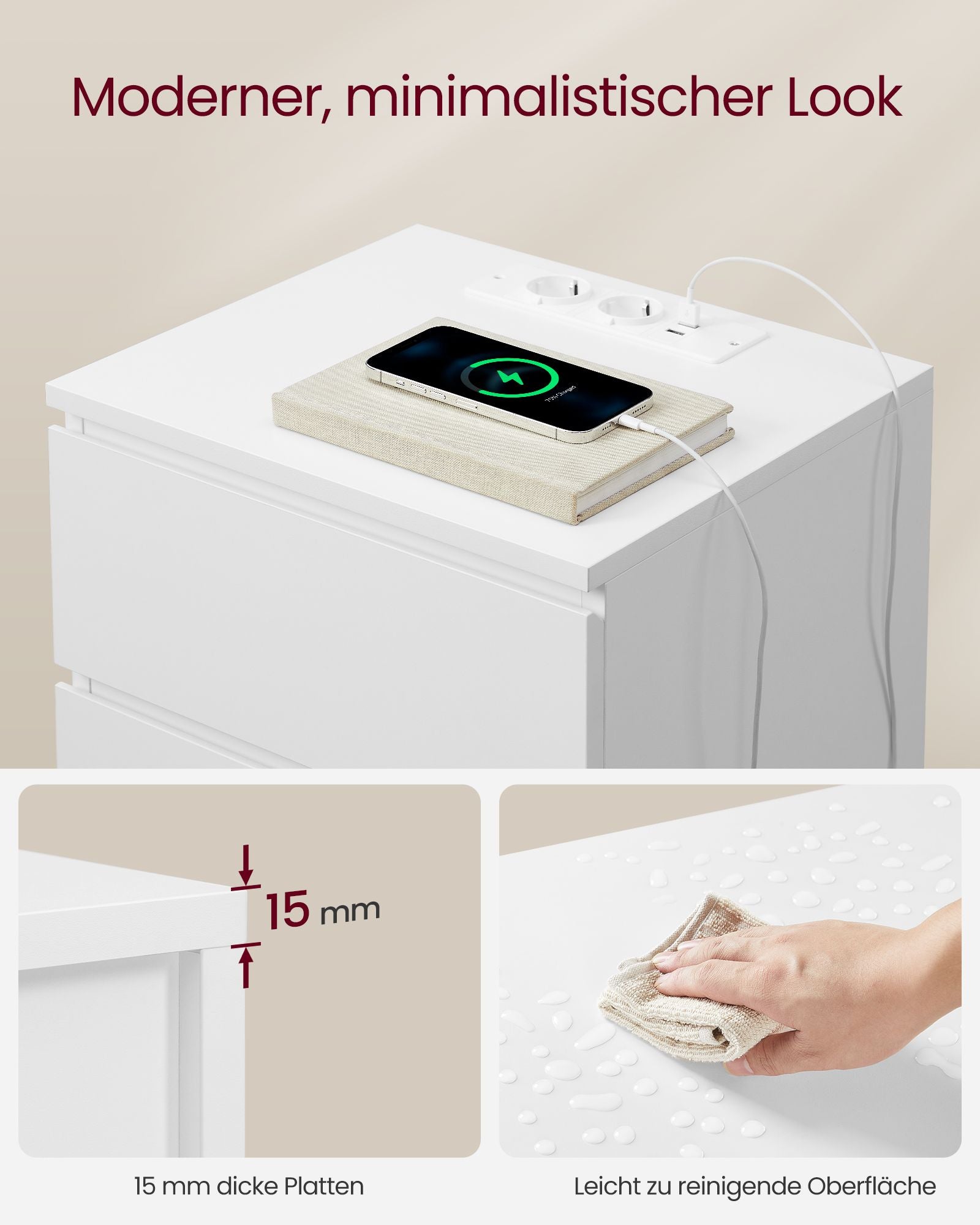 Seitentisch - mit 2 Sockets - Schlafzimmer - Wolkwit