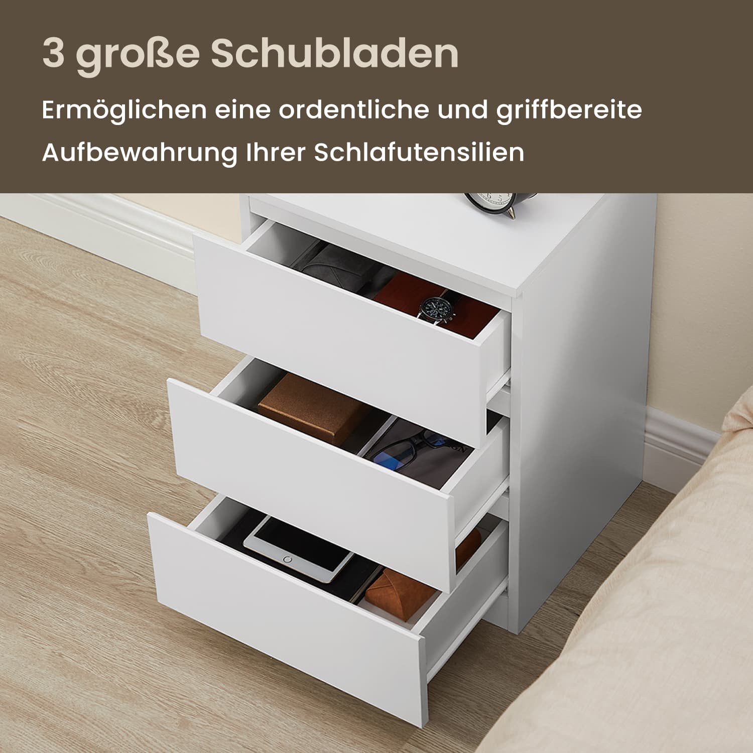Seitentisch - mit 2 Sockets, Wolkwit, ideal für Schlafzimmer