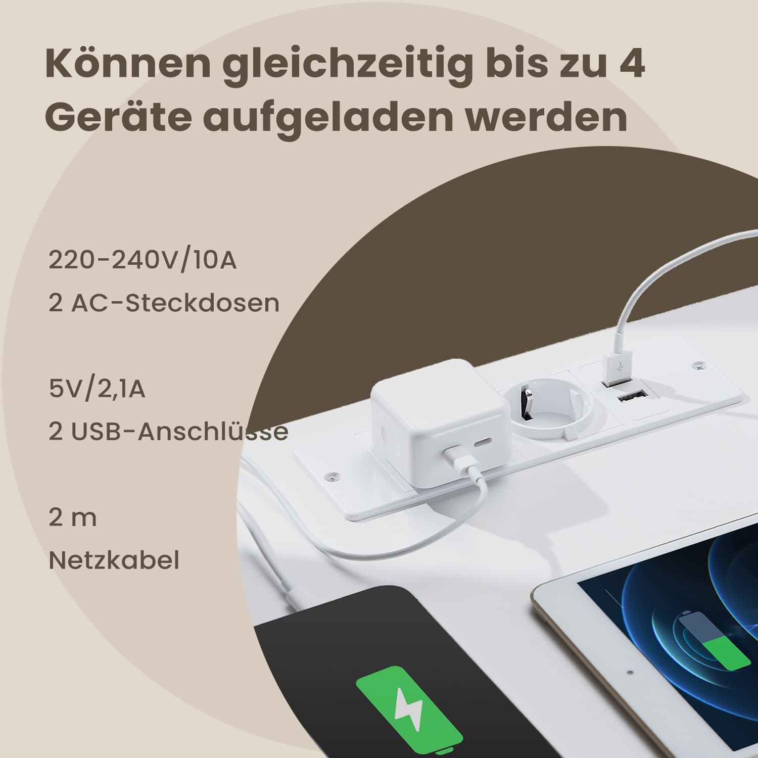 Seitentisch - mit 2 Sockets, Wolkwit, ideal für Schlafzimmer