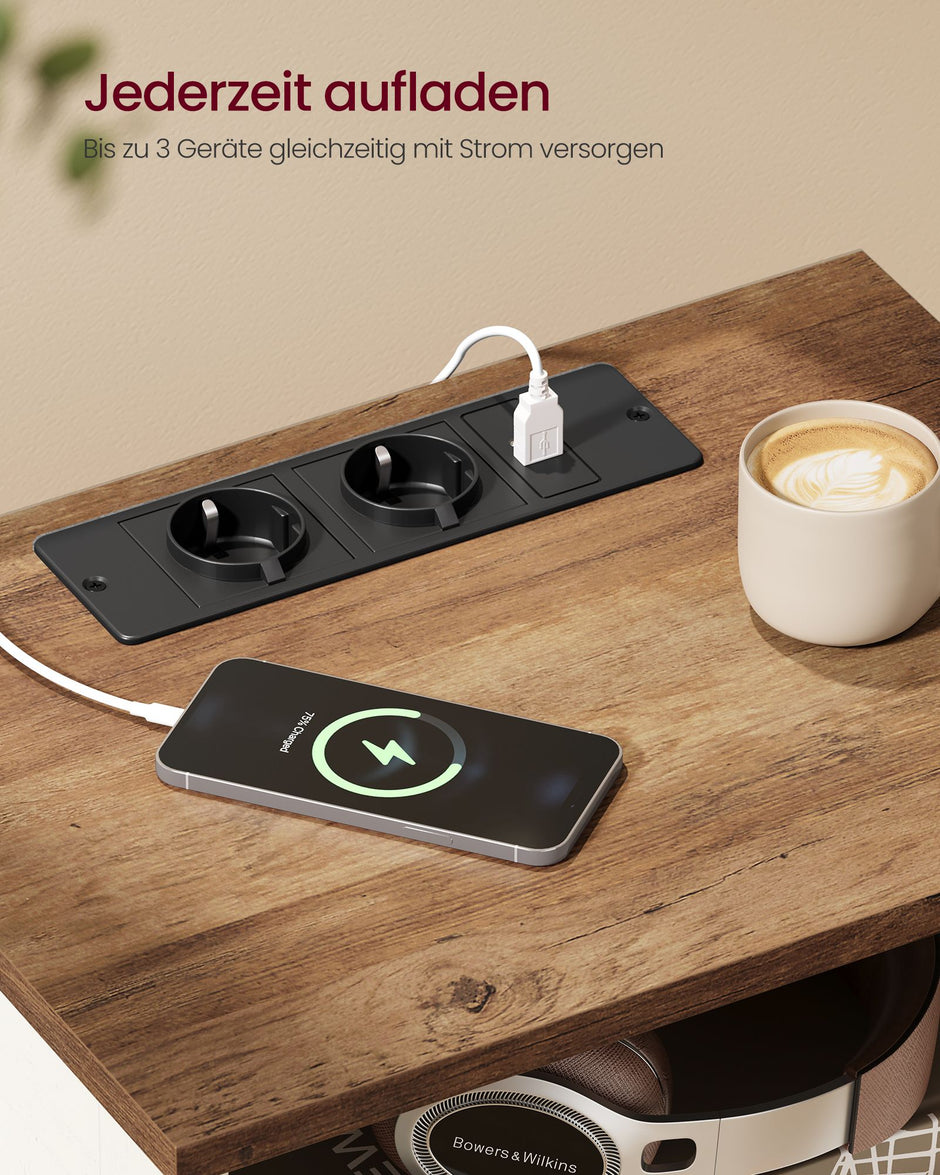 Nachtkastje - Met Stopcontact en USB - 2 Schuifladen - Wit en bruin - 40 x 30 x 59 cm
