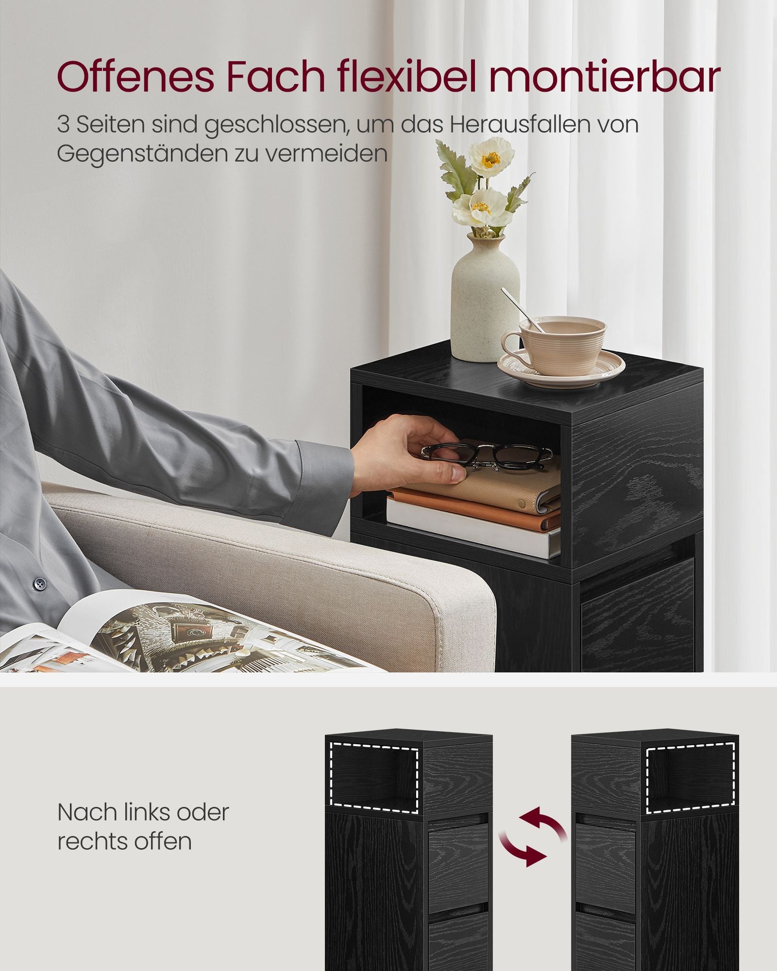 Schmaler Nachttisch mit 2 Schubladen in Ebenholzschwarz