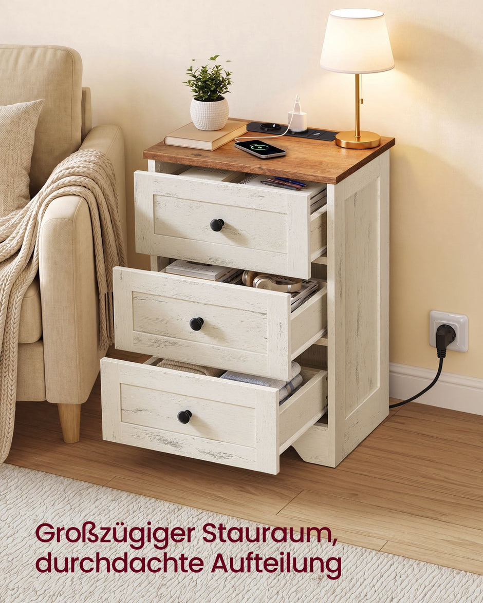 Nachtkastje - Met Stopcontact en USB - 2 Schuifladen - Wolkwit en warmbruin - 40 x 30 x 59 cm