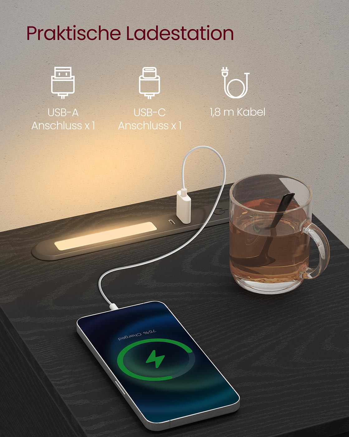 Nachttisch - LED -Beleuchtung - USB -Anschlüsse - Schublade - Modell 3