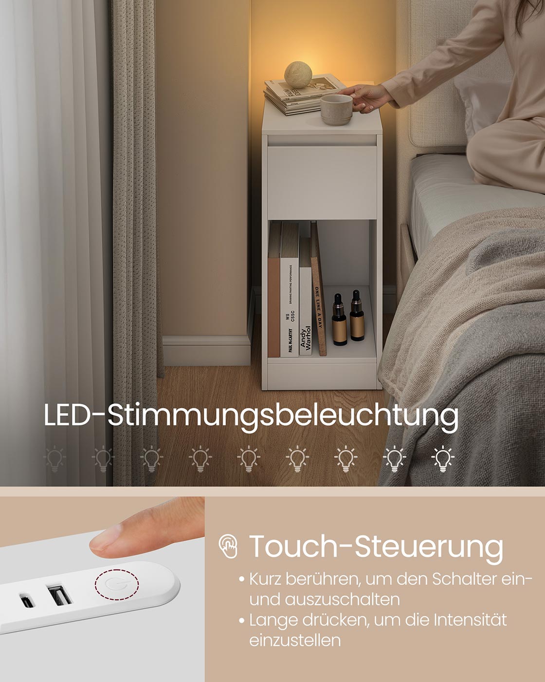 Nachttisch - LED -Beleuchtung - USB -Anschlüsse - Schublade - Modell 4