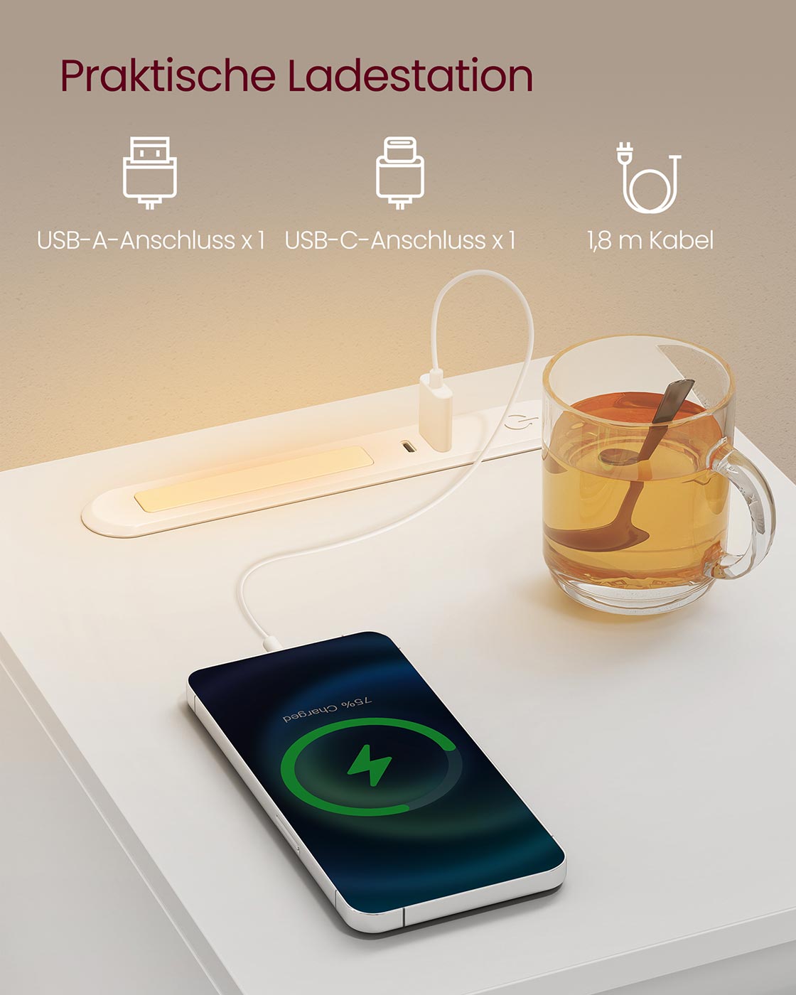Nachttisch - LED -Beleuchtung - USB -Anschlüsse - Schublade - Modell 4