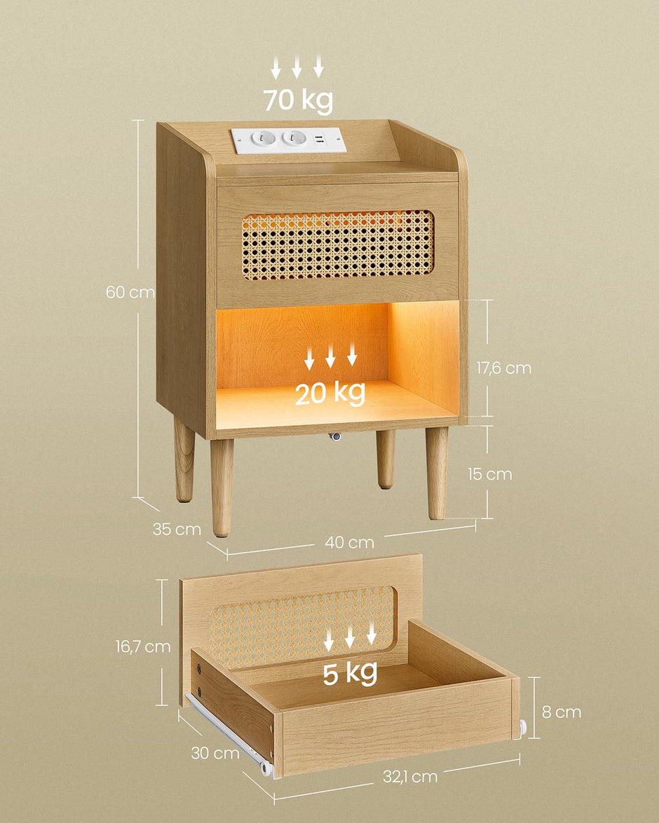 Bohoven -Kollektion - Nachttisch mit Ladestation und Bewegungsdetektor, 2, Oak Beige