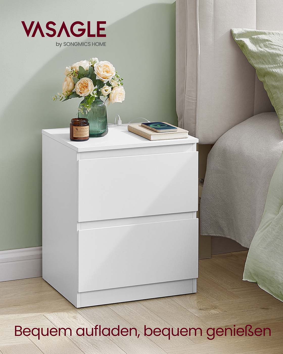 Nachttisch -Set von 2 mit Steckdosen und Schubladen von Wolken weiß