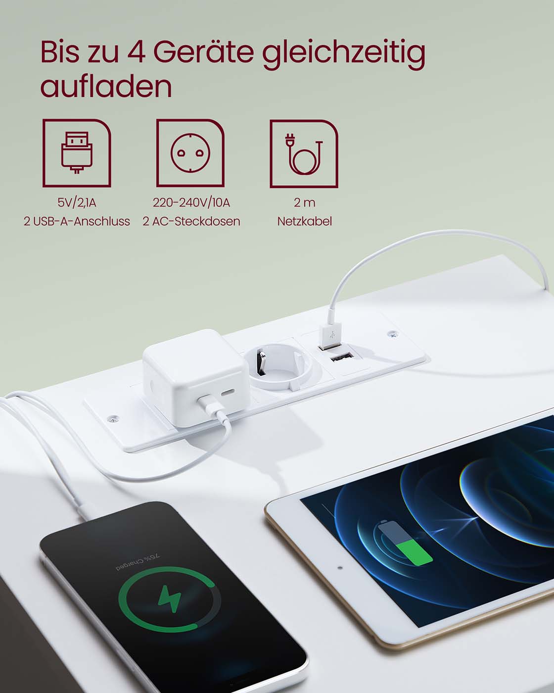 Nachttisch -Set von 2 mit Steckdosen und Schubladen von Wolken weiß