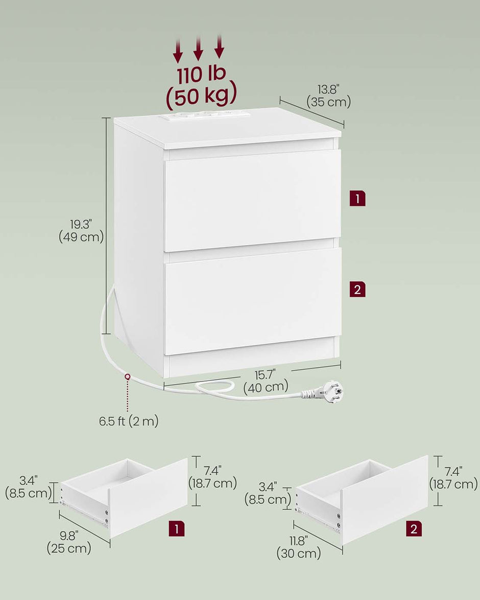 Nachttisch -Set von 2 mit Steckdosen und Schubladen von Wolken weiß