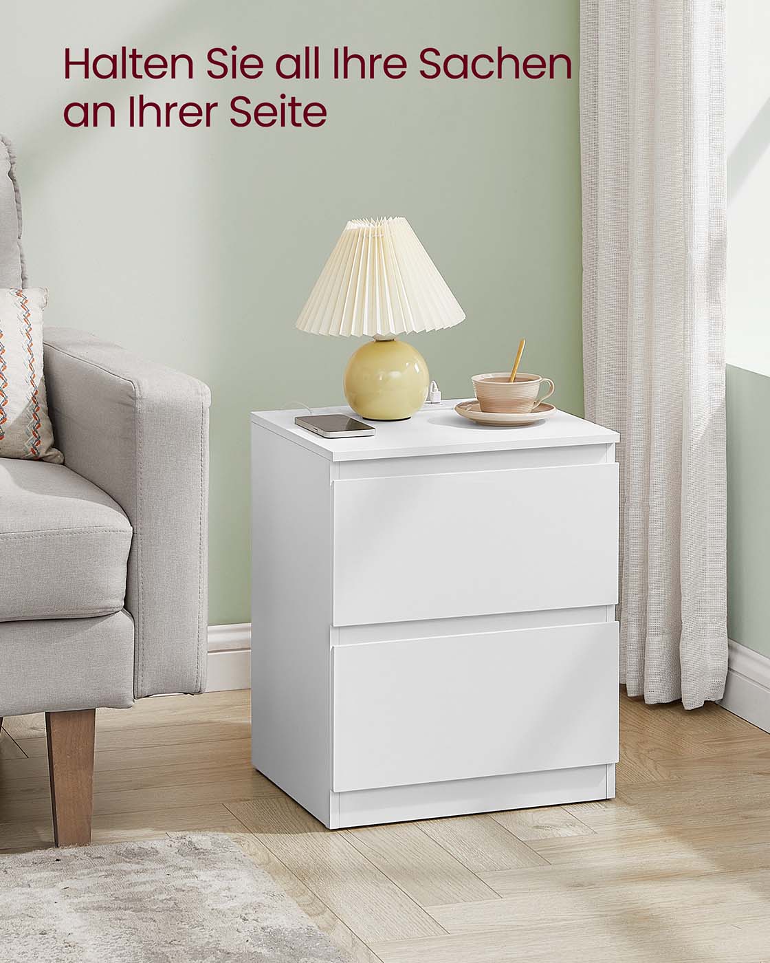 Nachttisch -Set von 2 mit Steckdosen und Schubladen von Wolken weiß