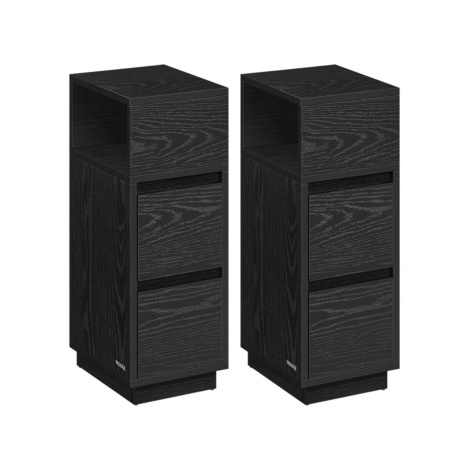 Schmaler Nachttisch -Set von 2 mit Schubladen in Ebenholzschwarz