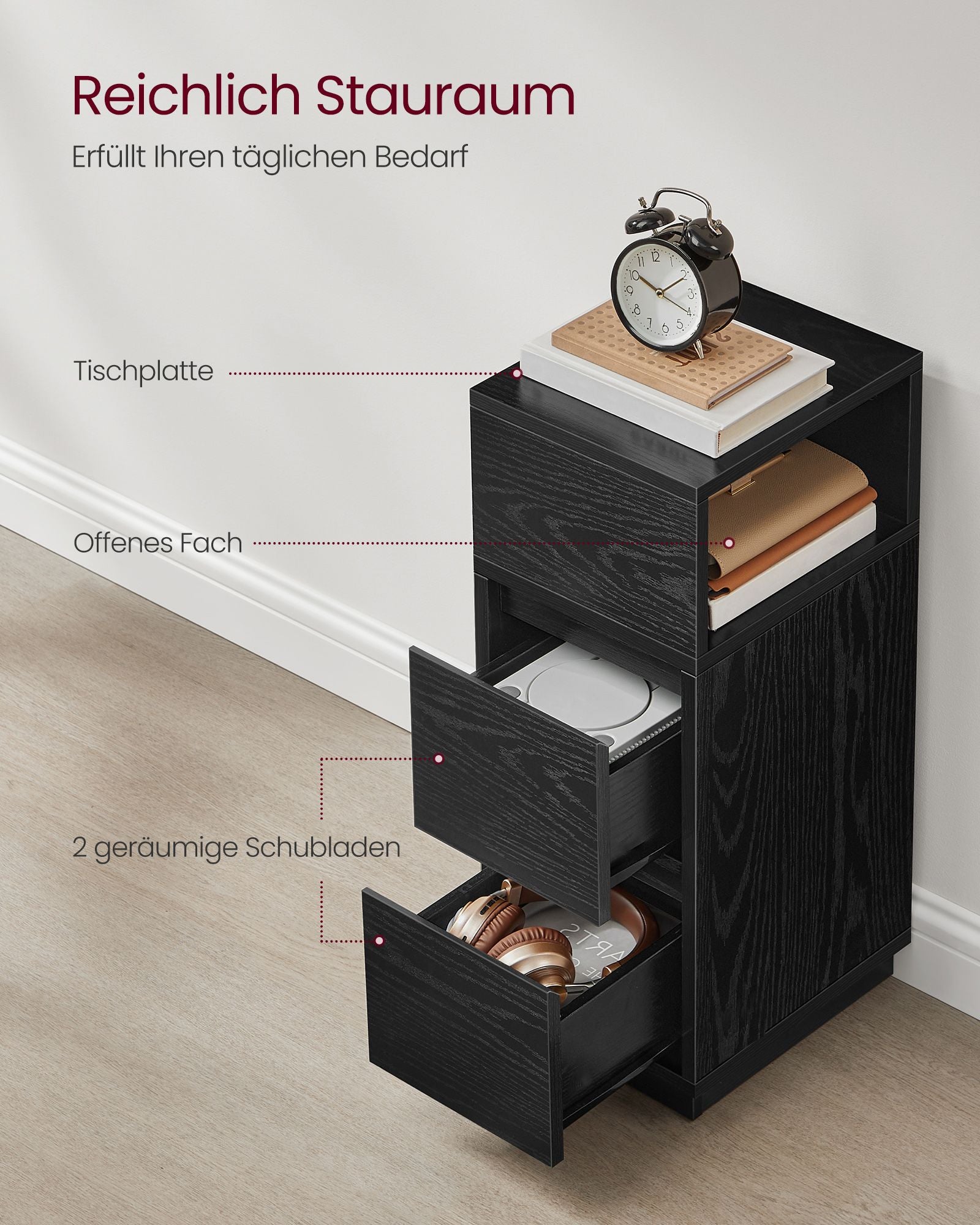 Schmaler Nachttisch -Set von 2 mit Schubladen in Ebenholzschwarz