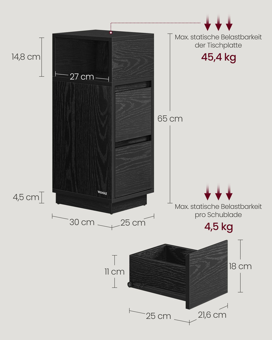 Schmaler Nachttisch -Set von 2 mit Schubladen in Ebenholzschwarz