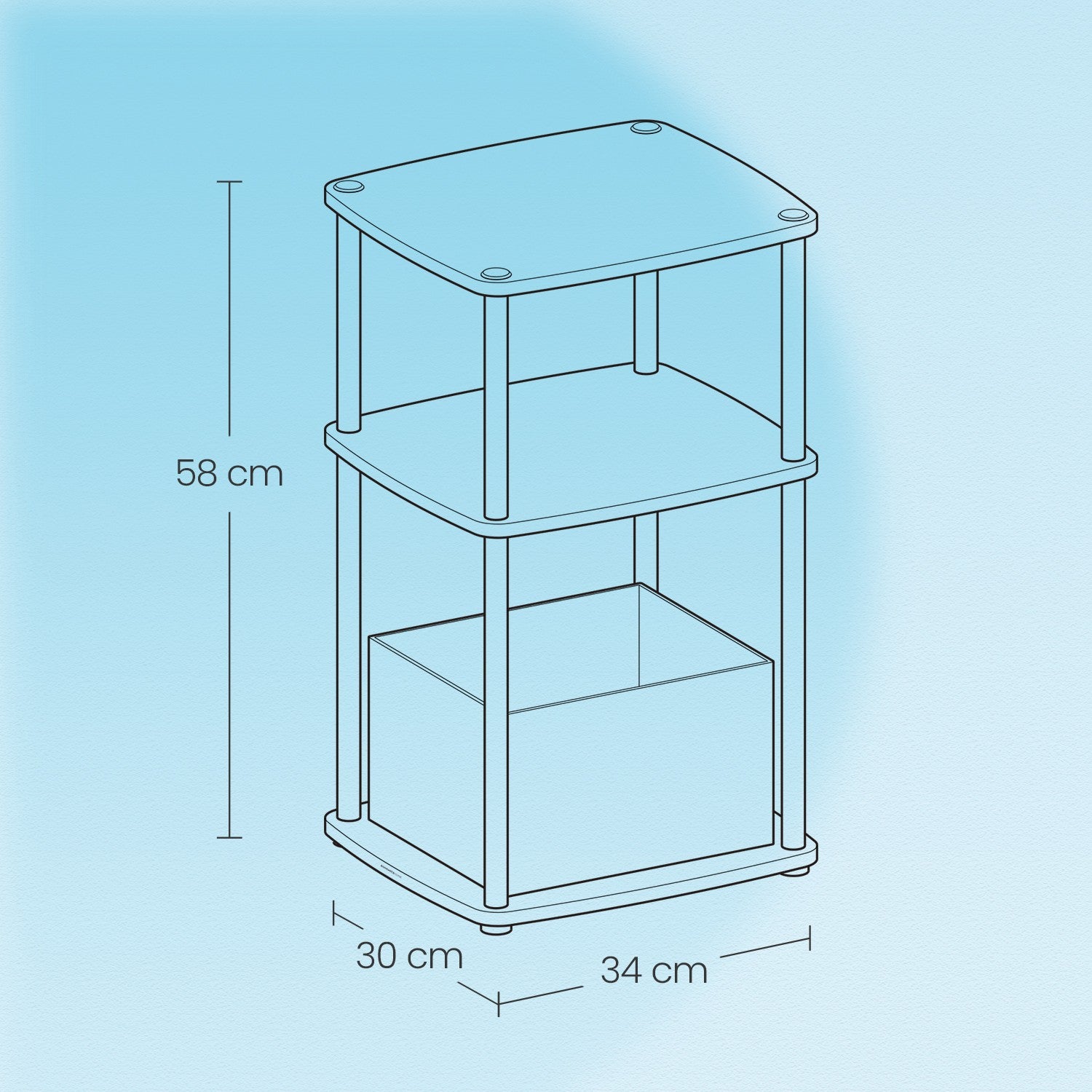 Seitentisch mit 3 Regalen - 30 x 34 x 58 cm, Schneewittchen