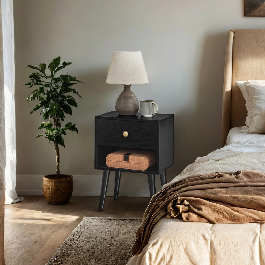 Nachttisch, Beistelltisch mit Schublade und offenem Regal, Holzbeine