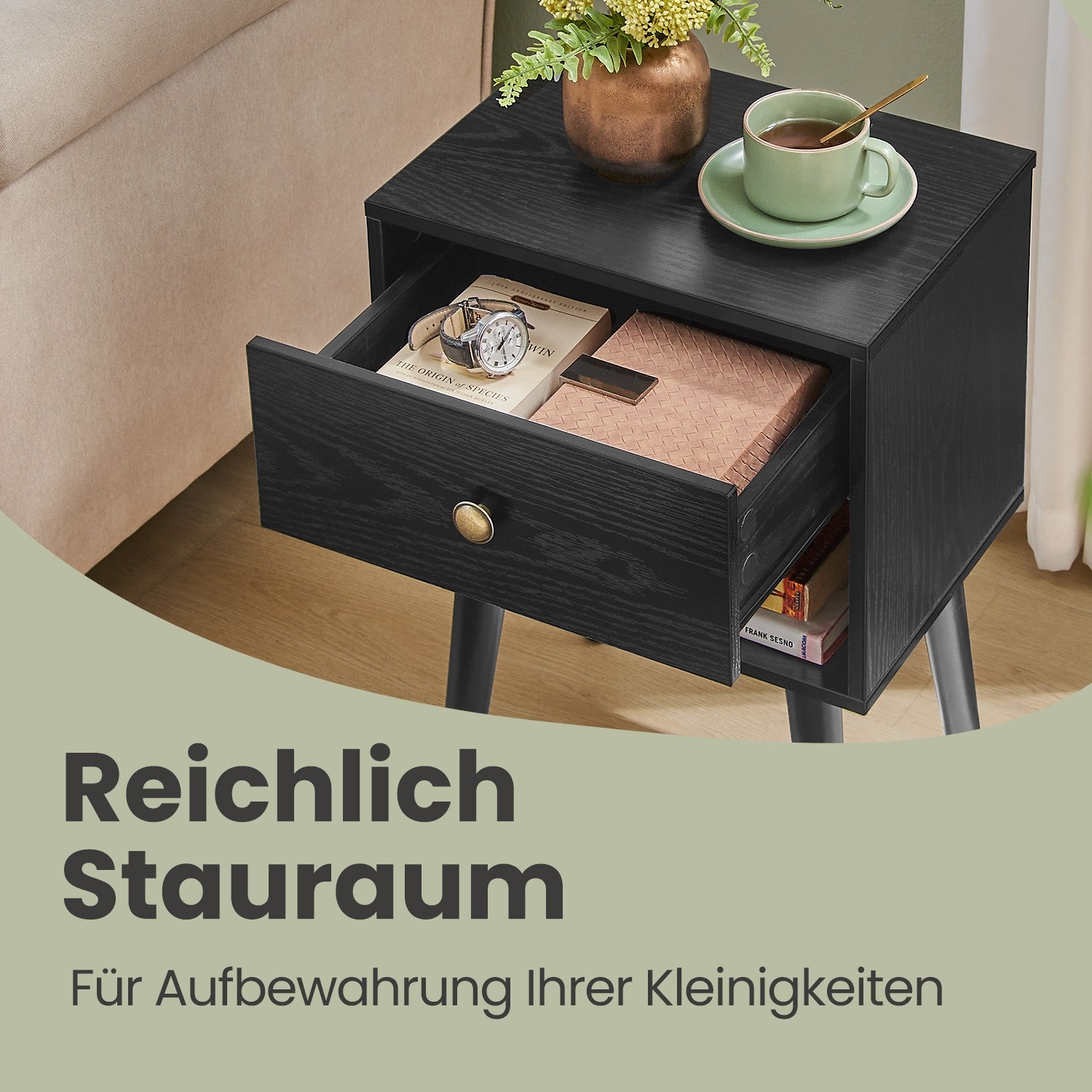 Nachttisch, Beistelltisch mit Schublade und offenem Regal, Holzbeine