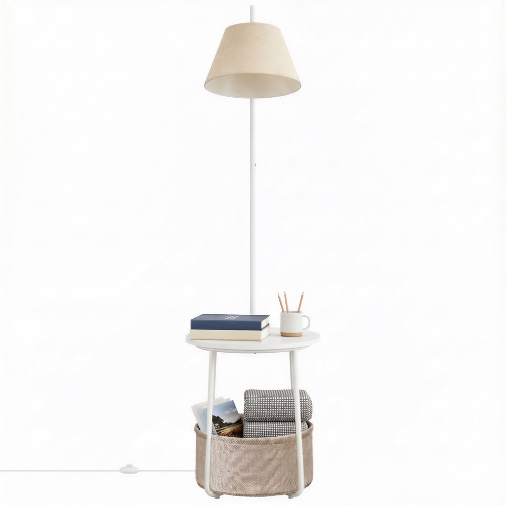 Nachtkastje met Staande Lamp - 3-in-1 met Ablage en Stoffen Mand - Wit - 45 cm