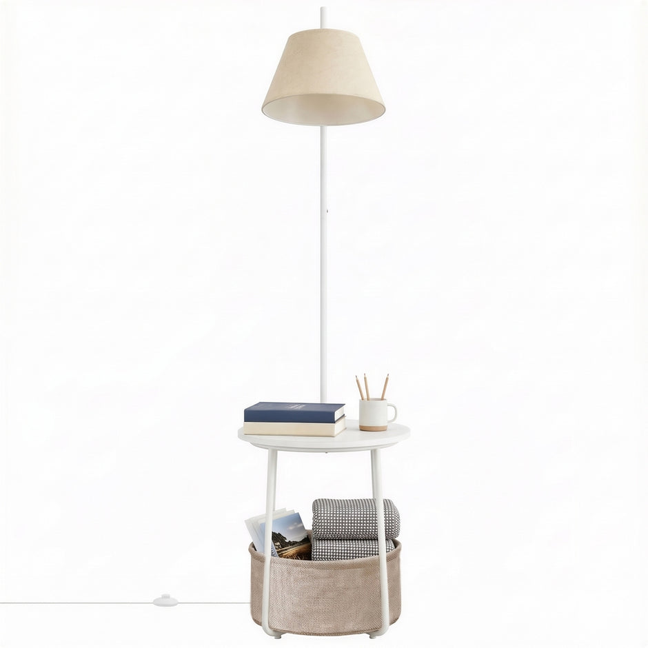 Nachtkastje met Staande Lamp - 3-in-1 met Ablage en Stoffen Mand - Wit - 45 cm