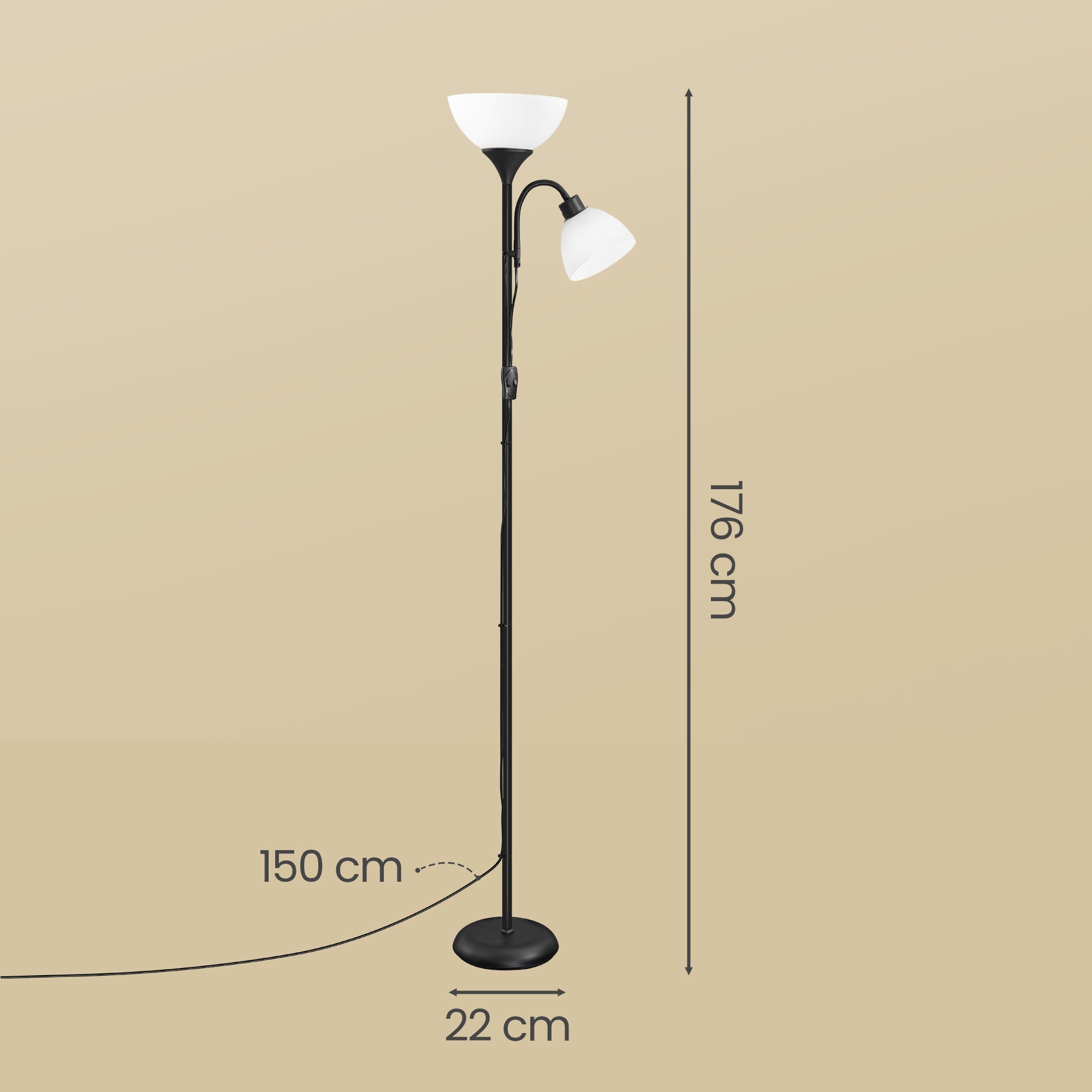 Vloerlamp - Met Verstelbare Leeslamp - 176 cm - Matzwart
