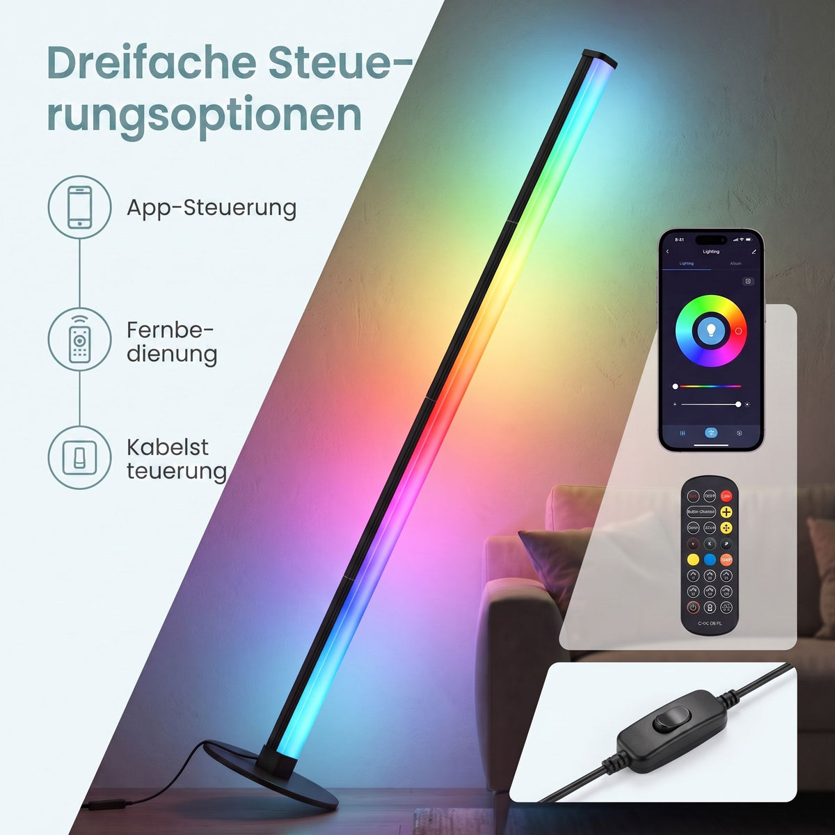 Vloerlamp - RGB LED met App-bediening en Muzieksync - Zwart - 18 x 139,4 cm