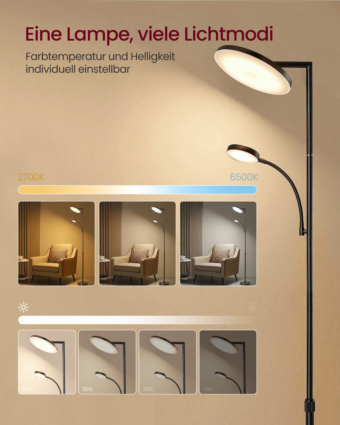 Vloerlamp - 25 x 25 x (148-176) cm - dimbare LED-uplighter - matzwart - 5,8 kg