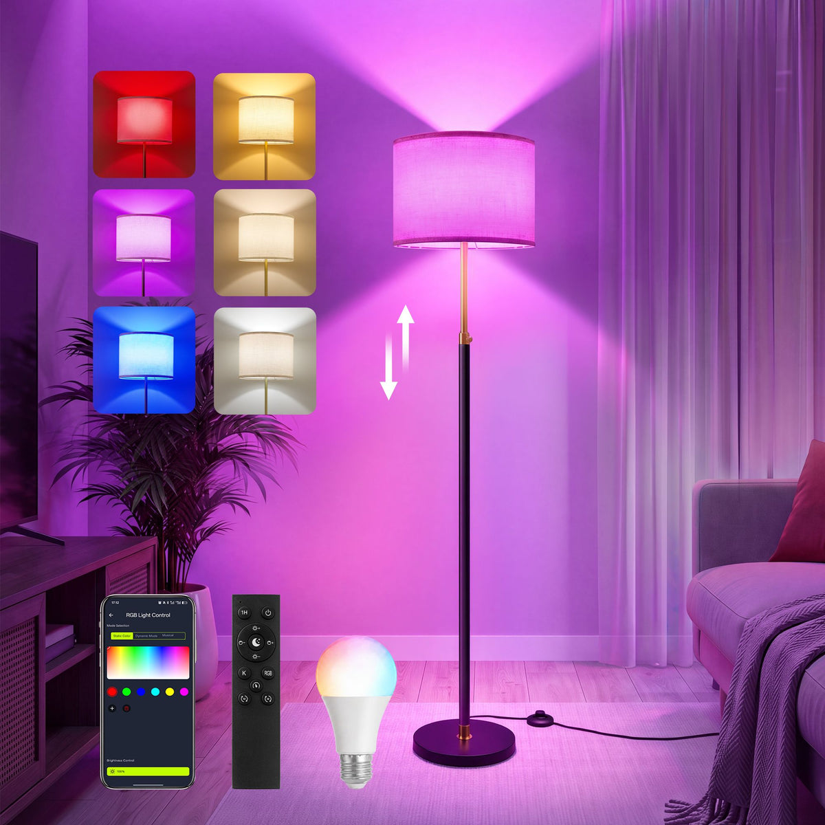 Staande Lamp – RGB LED – App-bediening en Muziekmodus – 140-170 cm – Goud en Zwart
